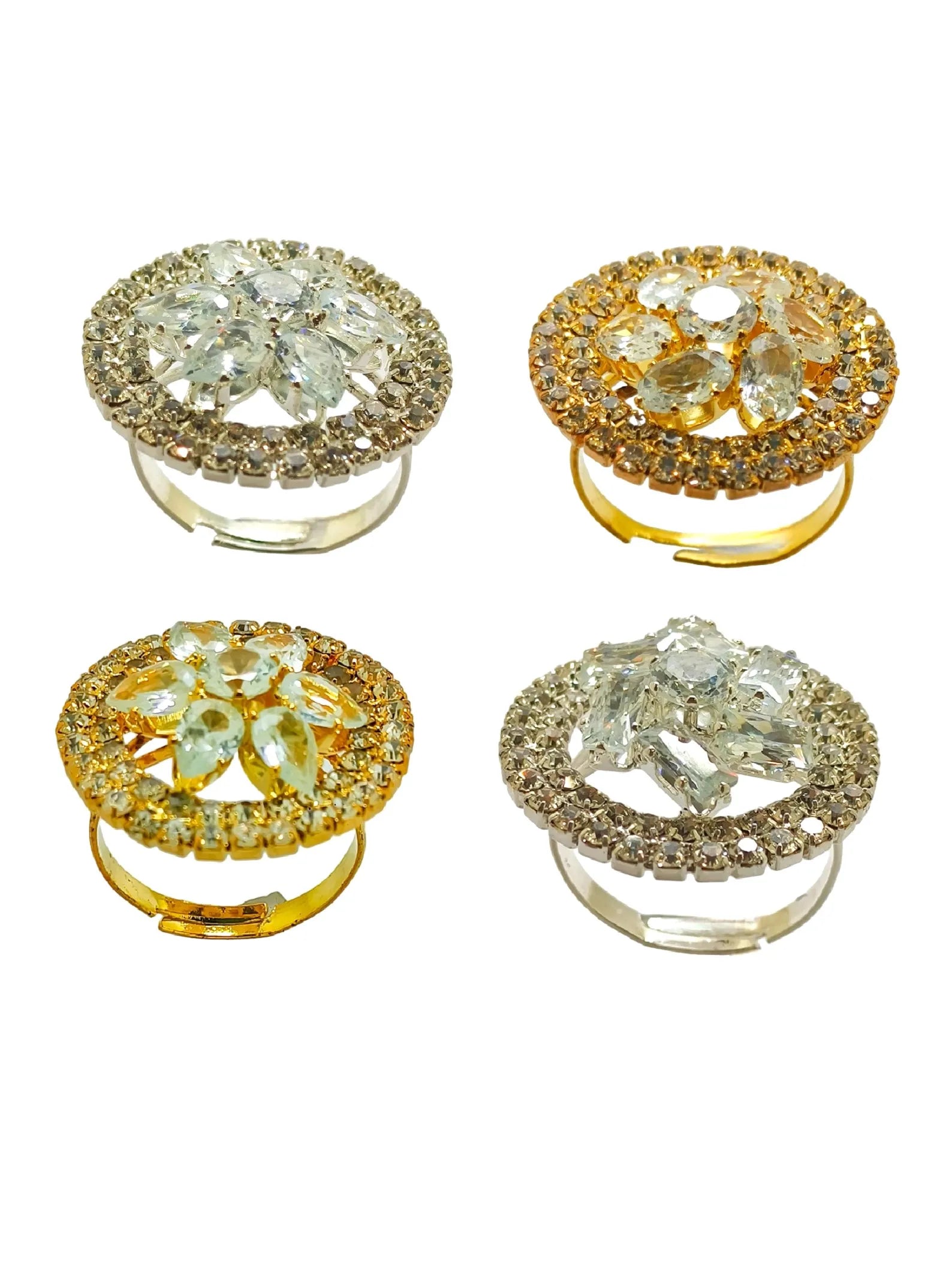 Set Of 4 High Shine Stone & Kundan Studded Rings