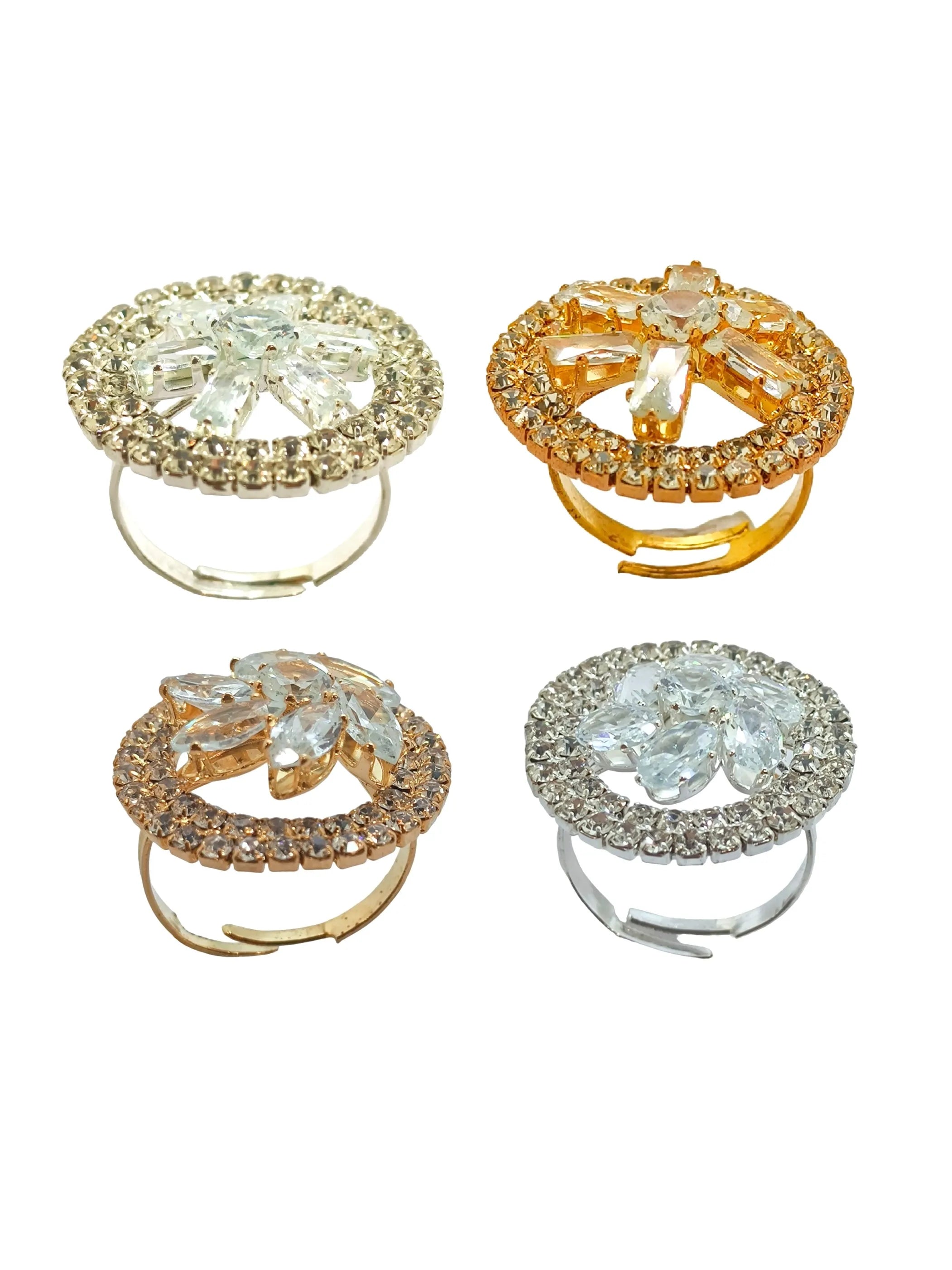 Set Of 4 Shimmering Stone & Kundan Studded Rings