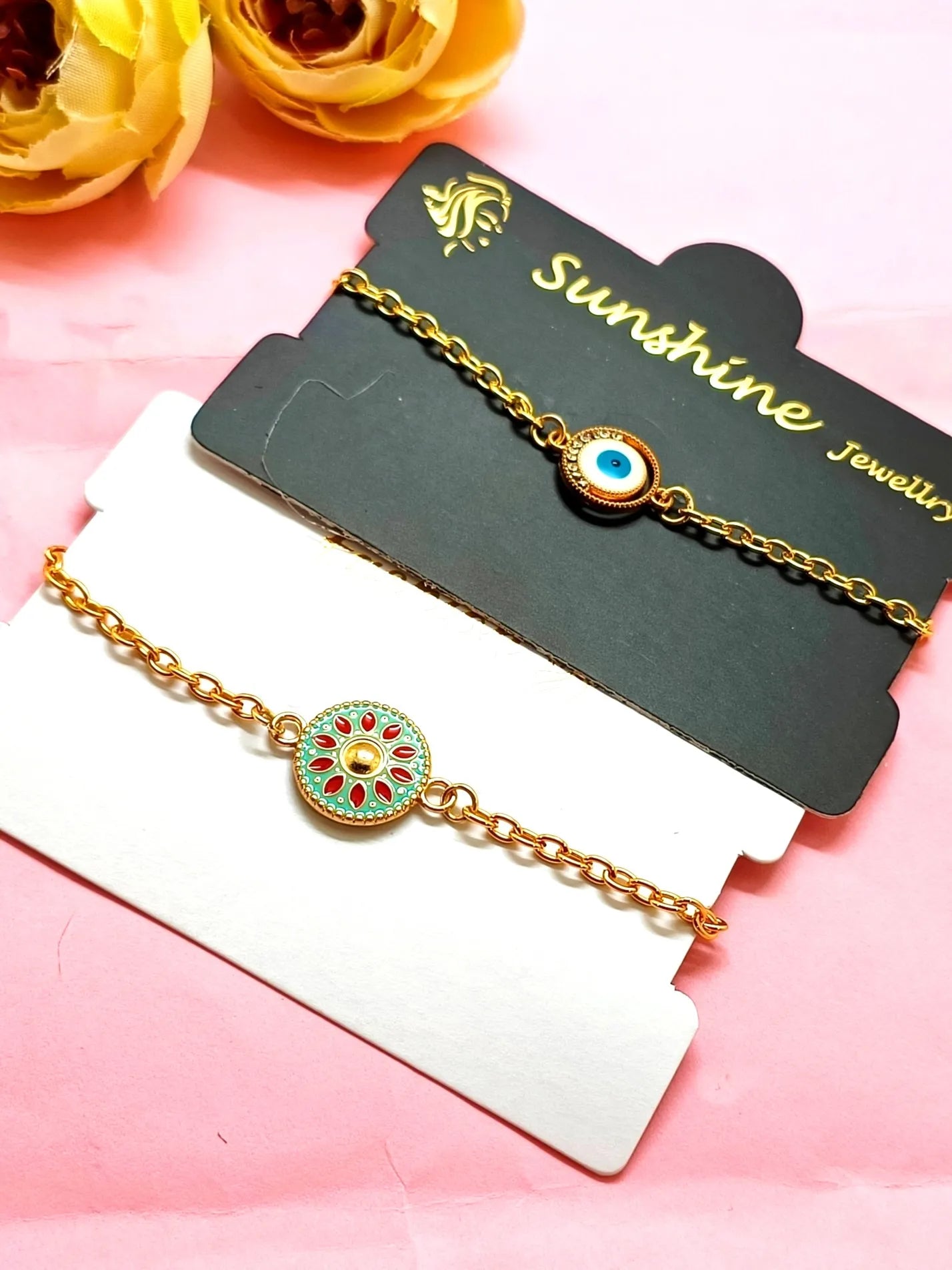 Evil Eye Bracelet With Pista Green Sunflower Pendant Bracelet