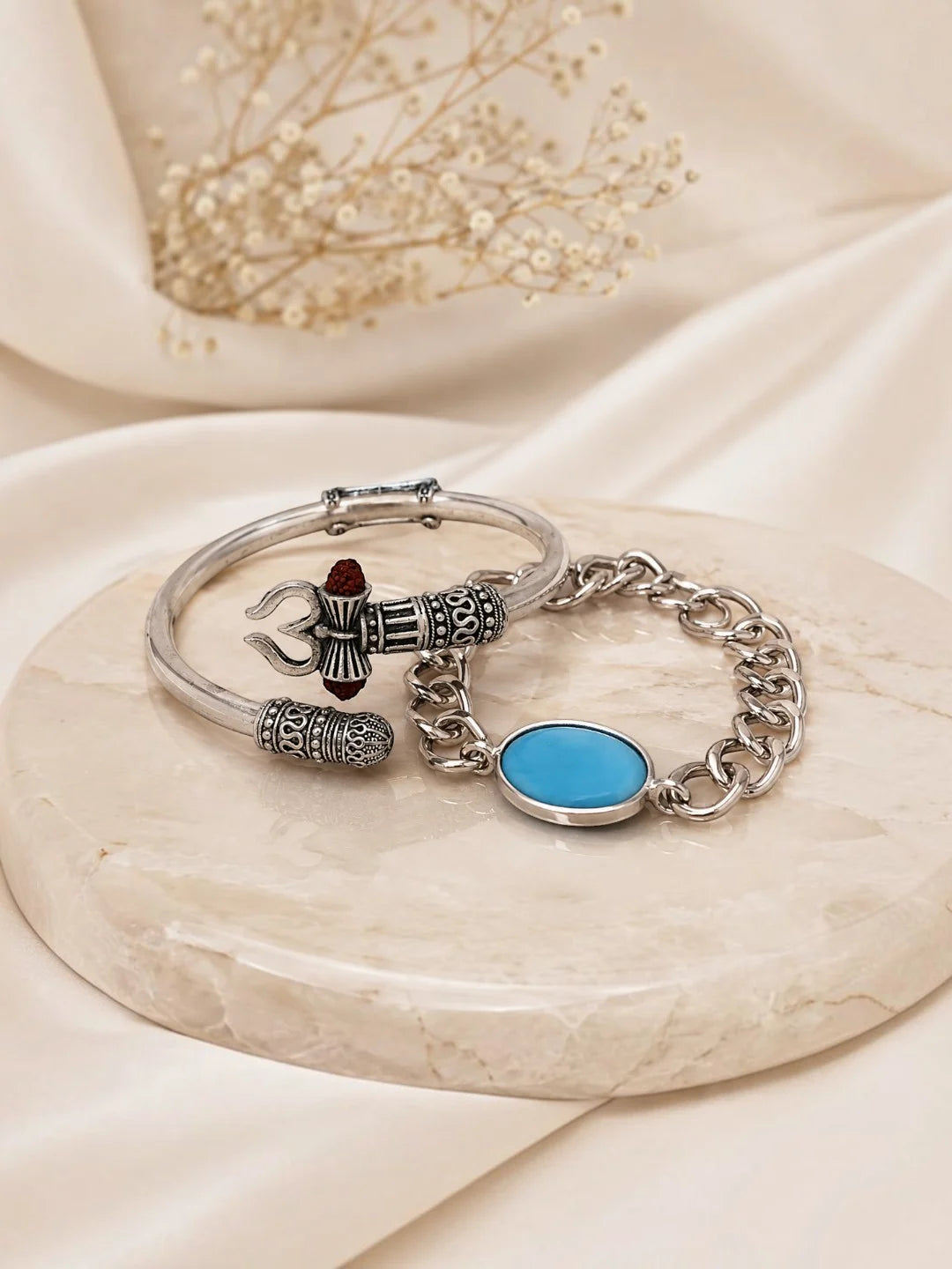 Lord Shiva Trishul & Turquoise Stone Adjustable Silver Bracelet Combo for Men