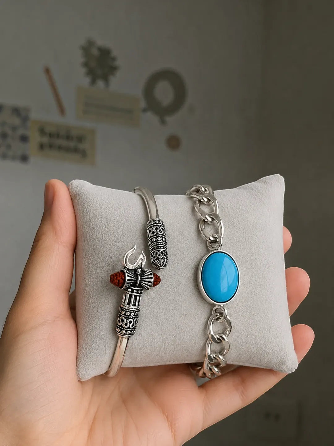 Lord Shiva Trishul & Turquoise Stone Adjustable Silver Bracelet Combo for Men