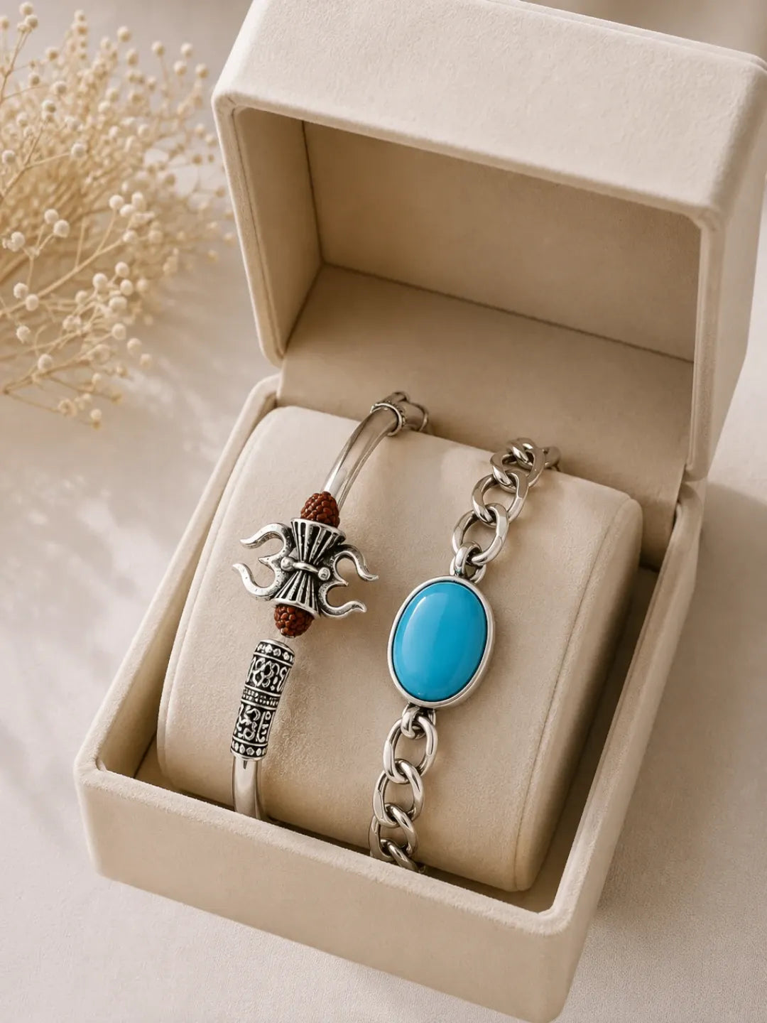 Lord Shiva Trishul & Turquoise Stone Adjustable Silver Bracelet Combo for Men