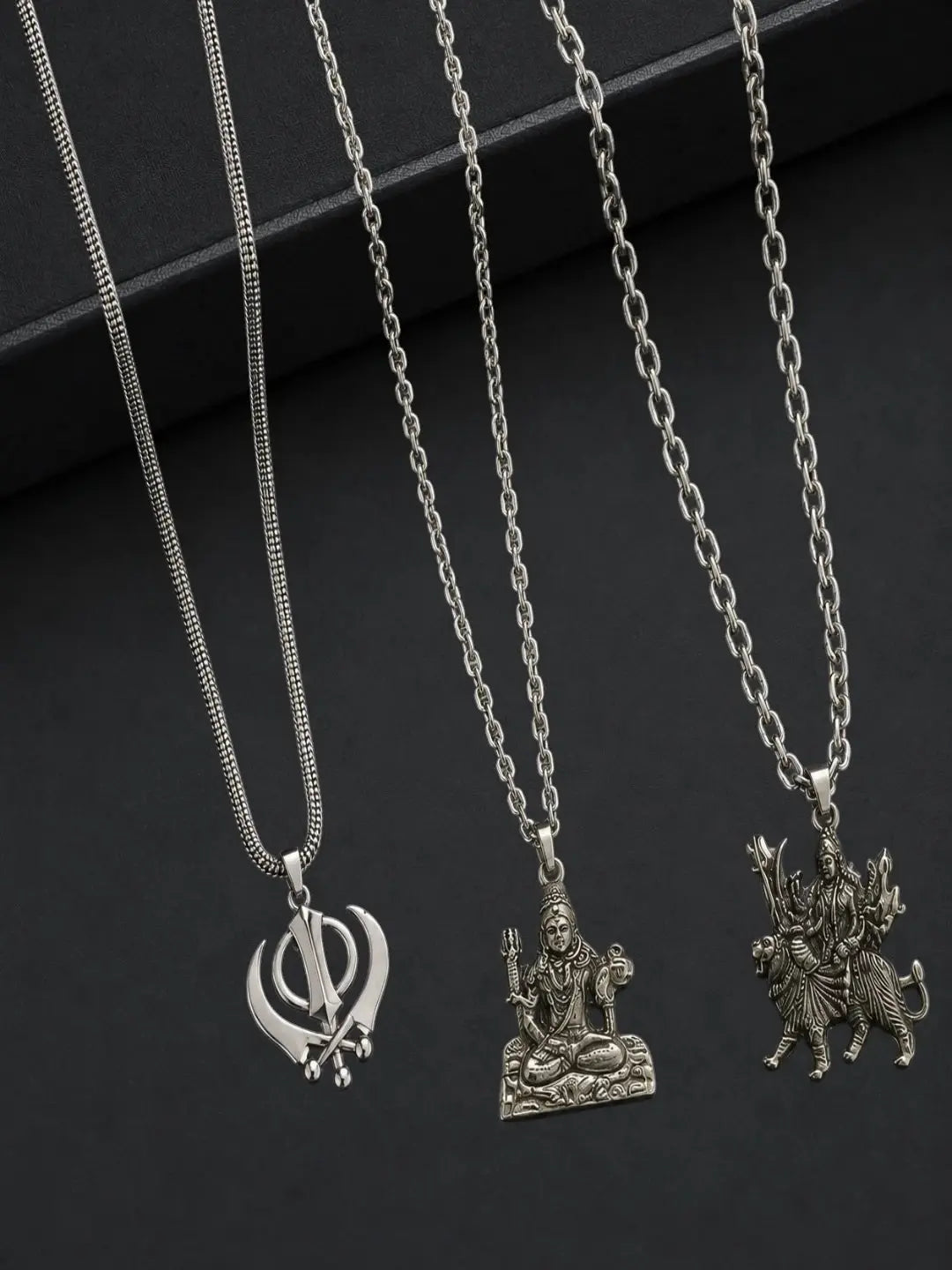 Silver Plated Temple Design Set Of 3 Men Combo Chain