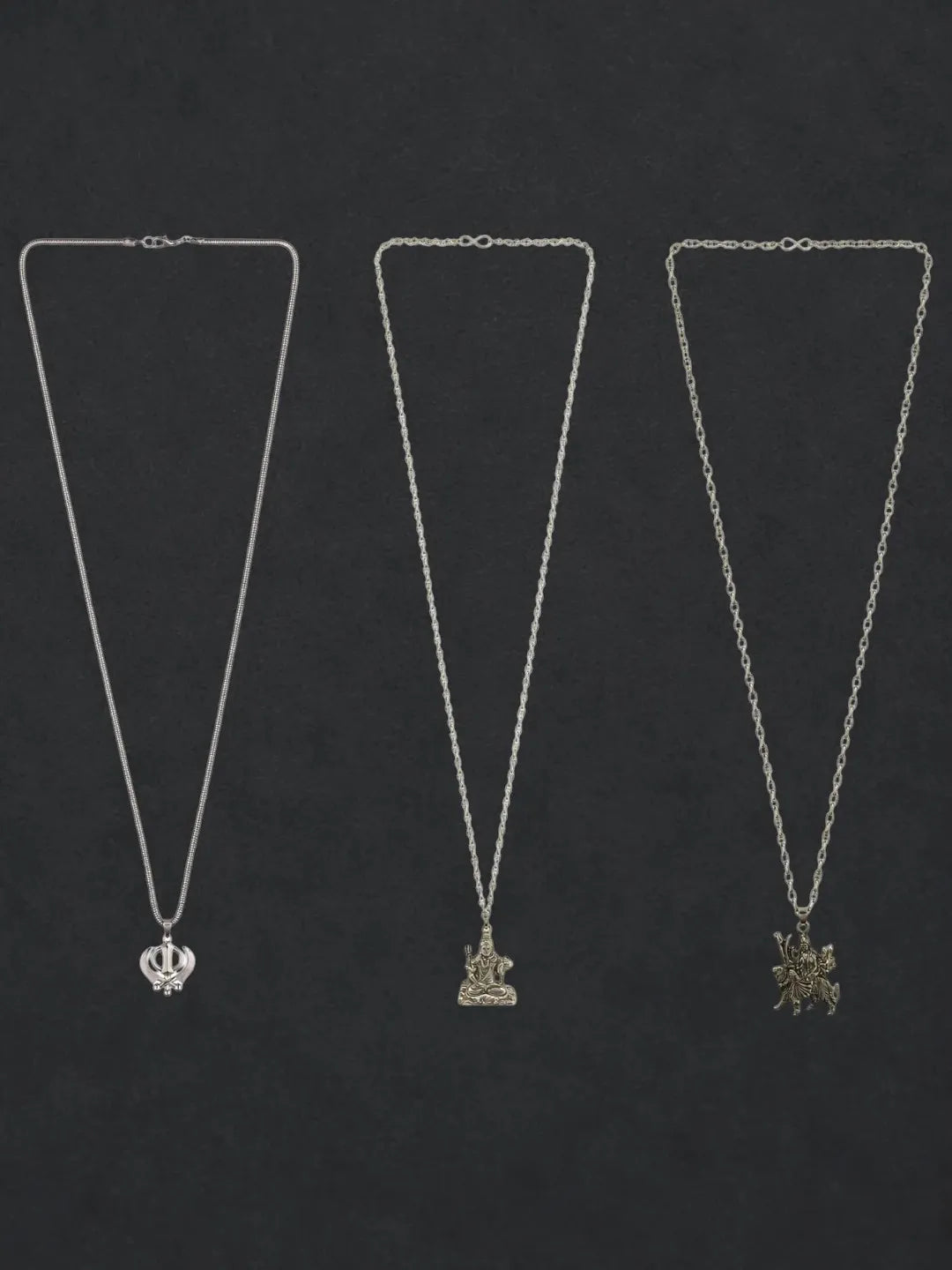 Silver Plated Temple Design Set Of 3 Men Combo Chain