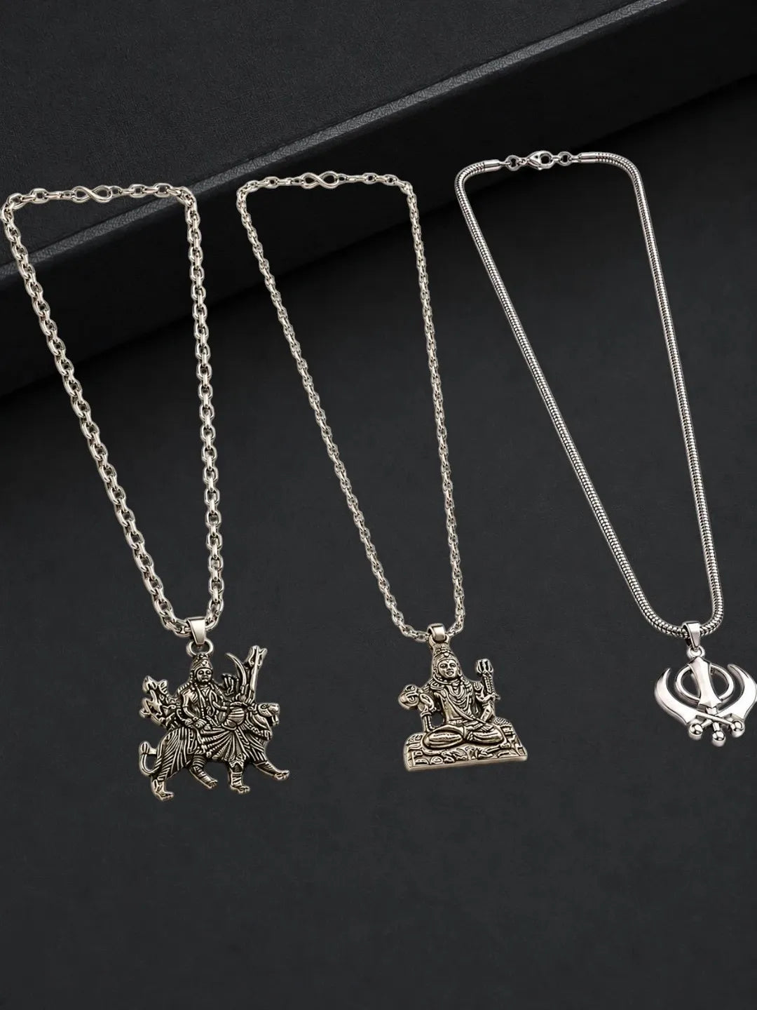 Silver Plated Temple Design Set Of 3 Men Combo Chain