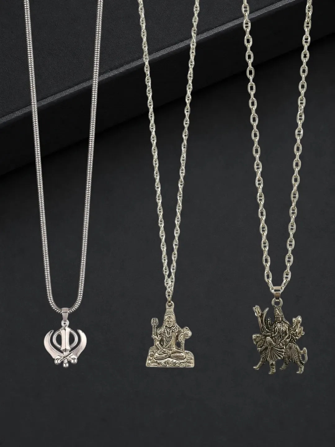Silver Plated Temple Design Set Of 3 Men Combo Chain