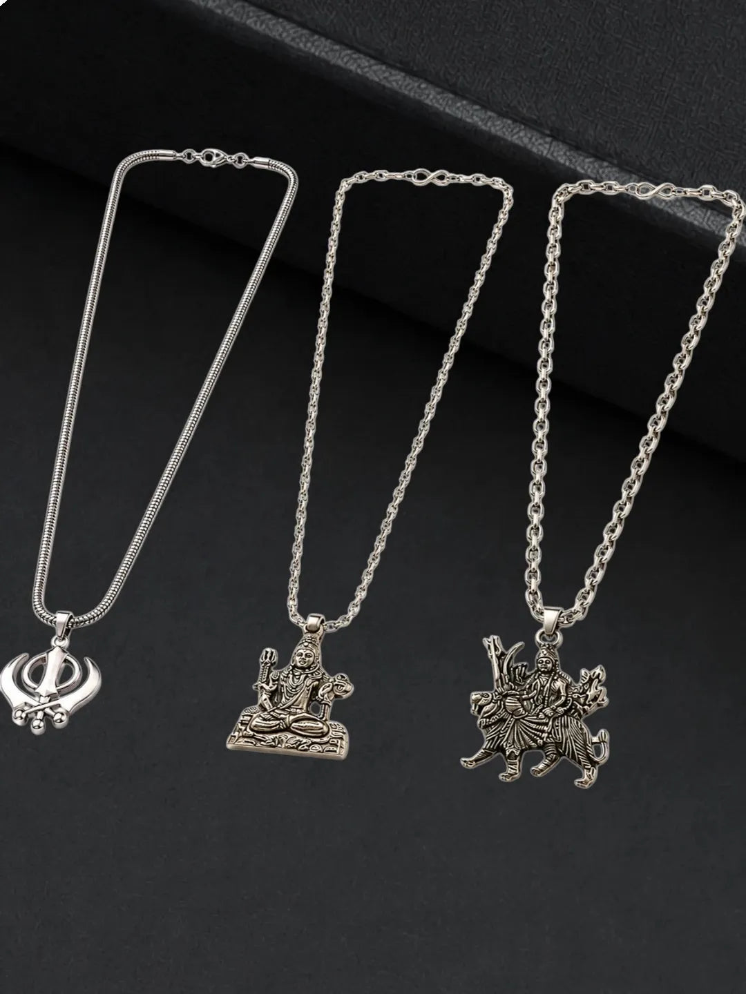 Silver Plated Temple Design Set Of 3 Men Combo Chain