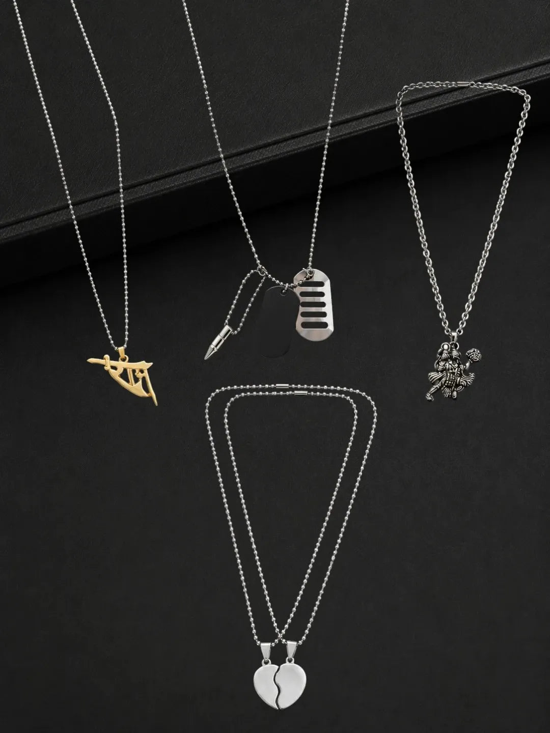 Silver Plated Temple Design Set Of 4 Men Combo Chain