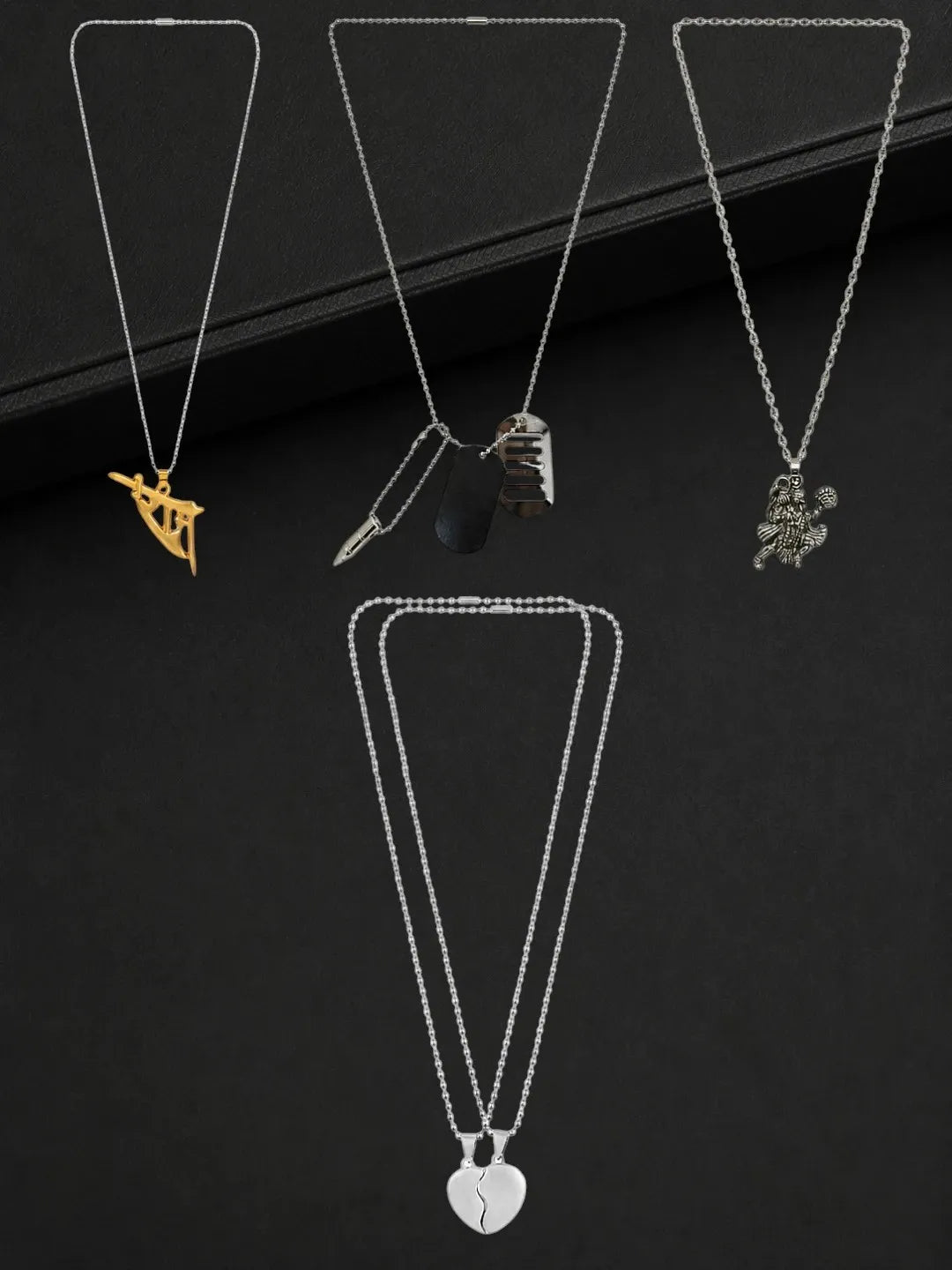 Silver Plated Temple Design Set Of 4 Men Combo Chain
