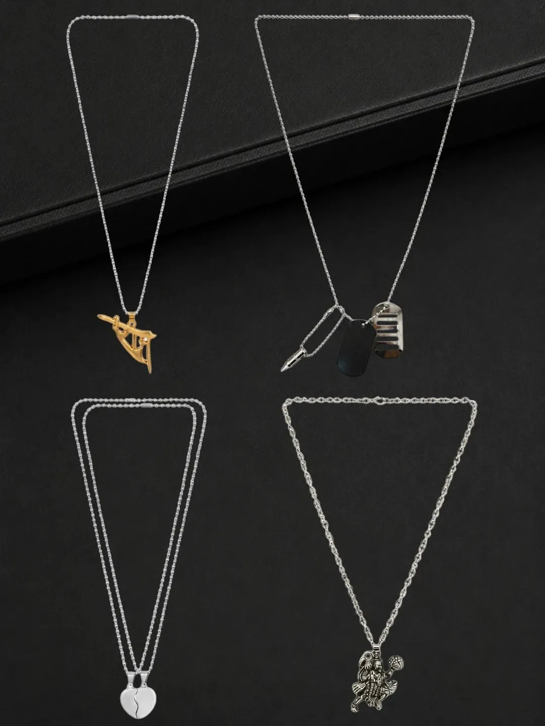 Silver Plated Temple Design Set Of 4 Men Combo Chain