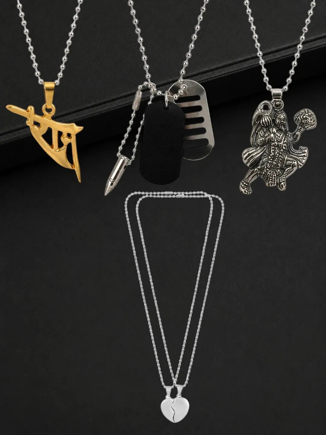 Silver Plated Temple Design Set Of 4 Men Combo Chain