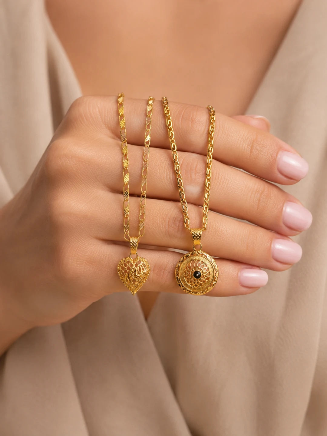 Heart Filigree & Round Floral Pendant Chain Combo for Women