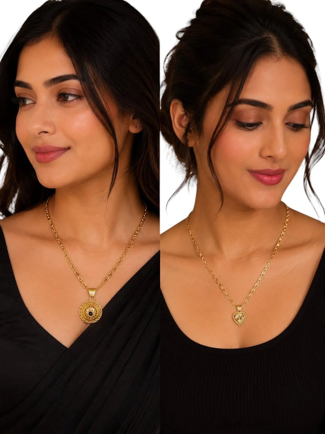 Heart Filigree & Round Floral Pendant Chain Combo for Women