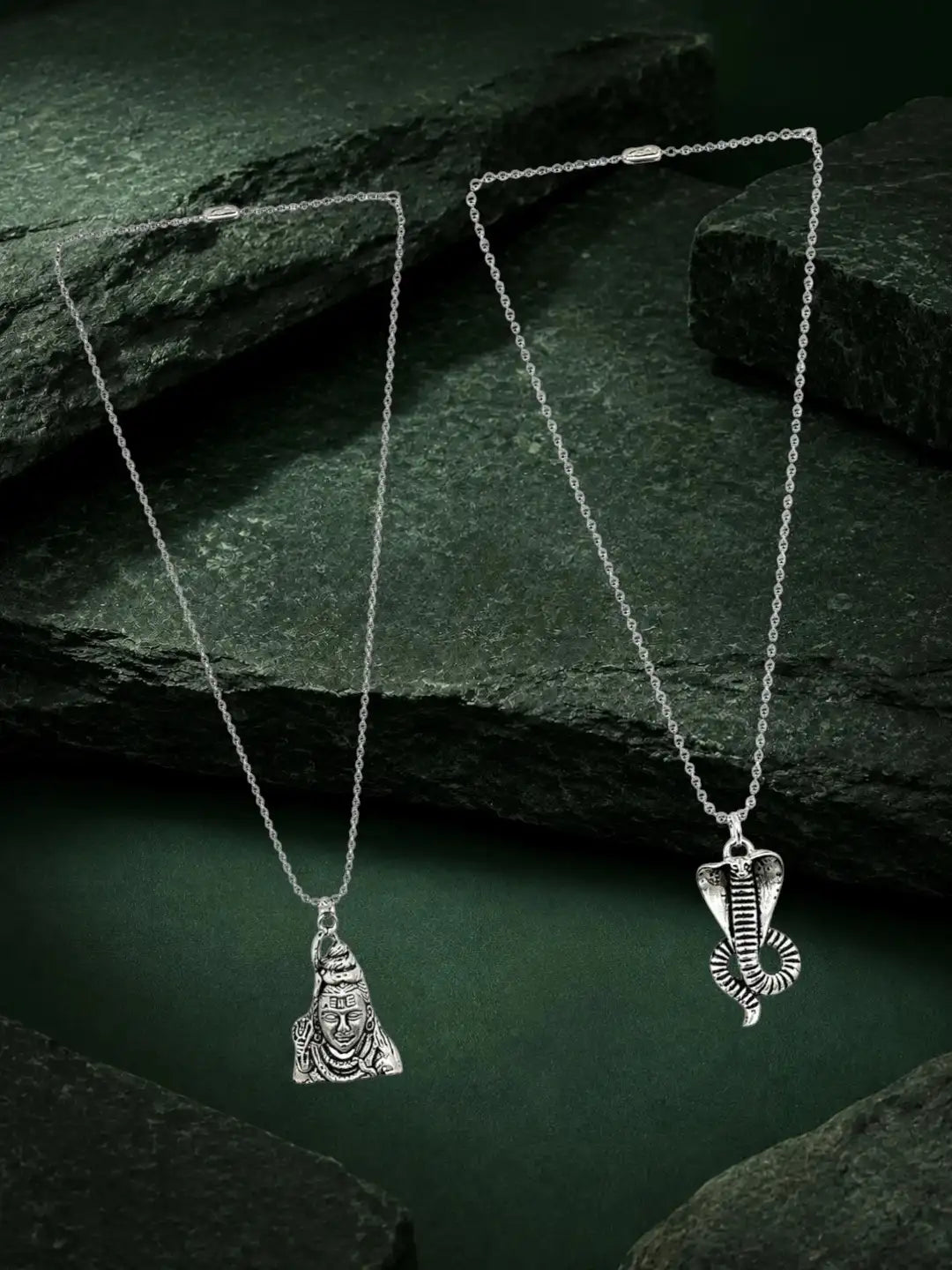 Lord Shiva & Cobra Snake Silver-Plated Pendant Chain Combo for Men & Women