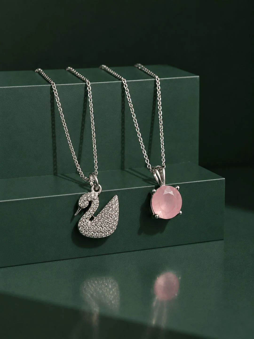 Elegant Swan & Pink Stone Pendant Chain Combo