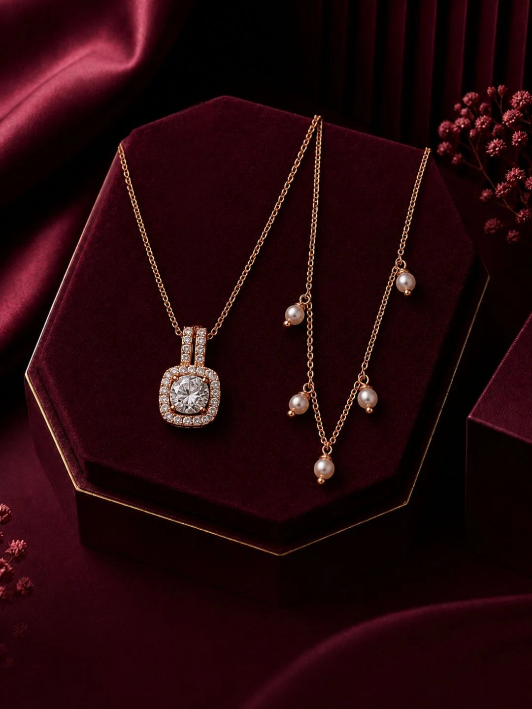 Elegant Rose Gold Pearl Drop Pendant Chain Combo