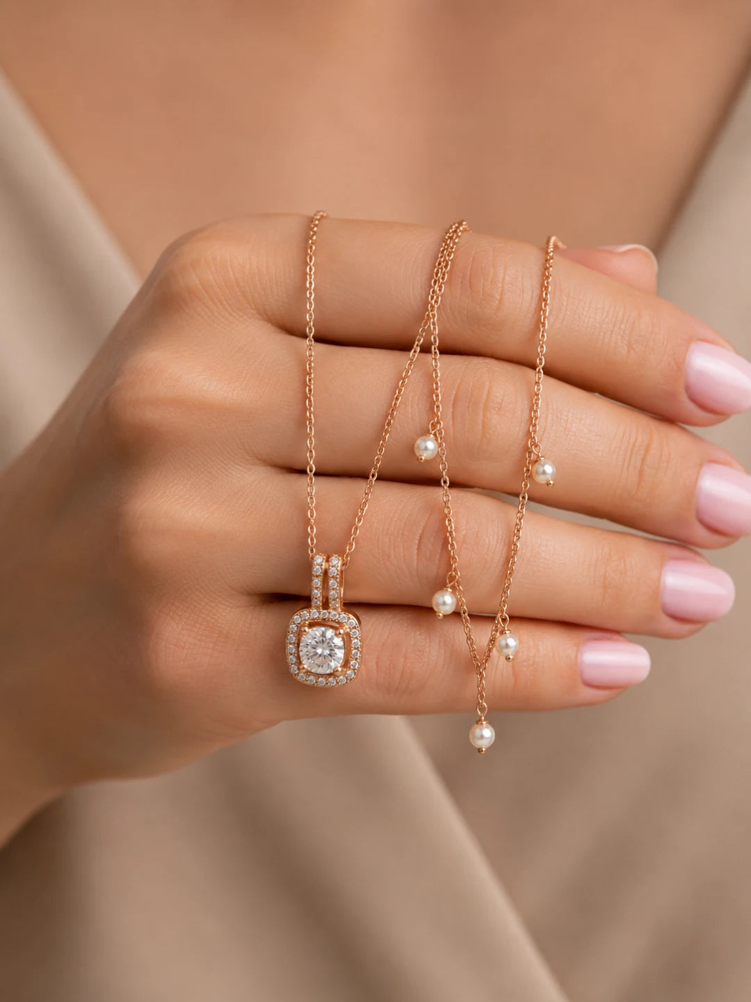 Elegant Rose Gold Pearl Drop Pendant Chain Combo