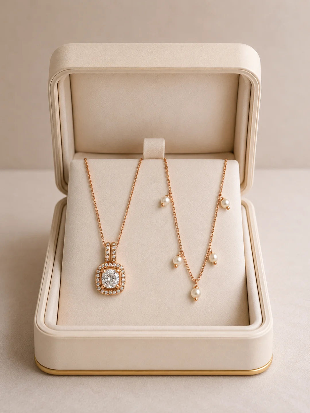 Elegant Rose Gold Pearl Drop Pendant Chain Combo