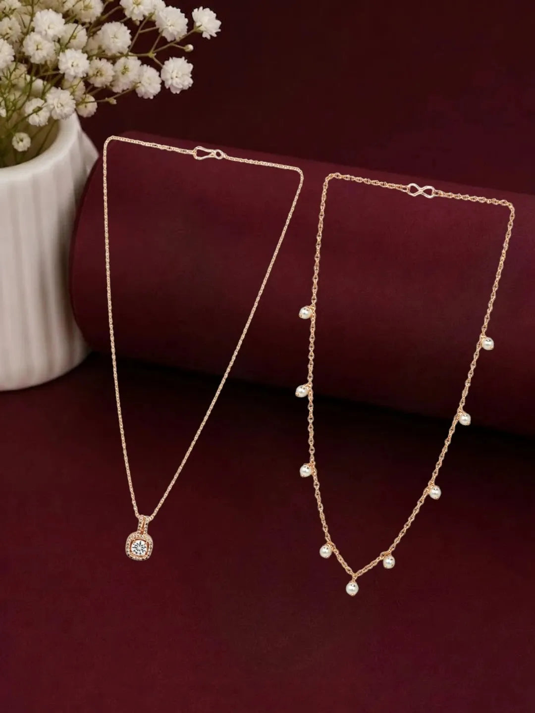 Elegant Rose Gold Pearl Drop Pendant Chain Combo