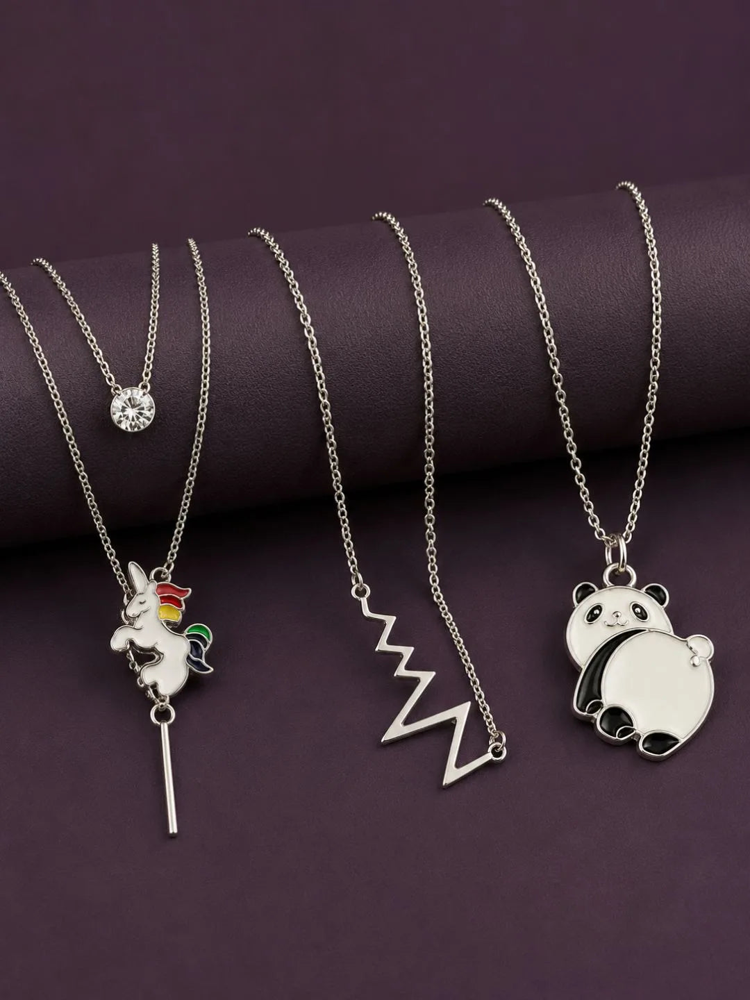 Unicorn, Heartbeat, Owl & Crystal Designs Elegant Silver Pendant Chain Combo for Women