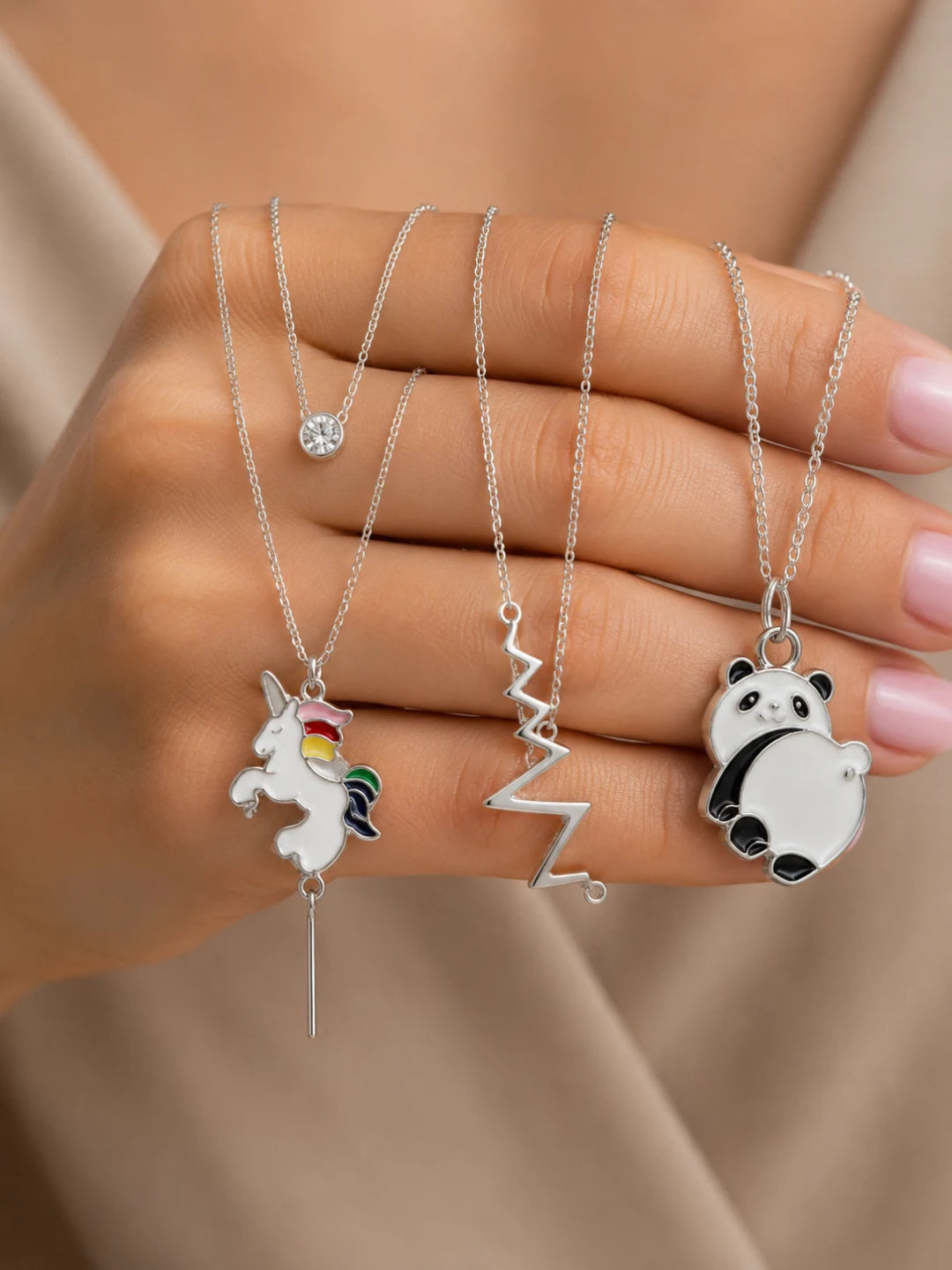 Unicorn, Heartbeat, Owl & Crystal Designs Elegant Silver Pendant Chain Combo for Women