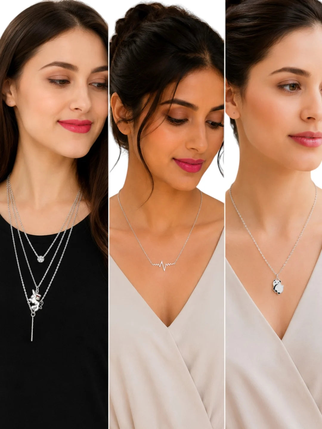 Unicorn, Heartbeat, Owl & Crystal Designs Elegant Silver Pendant Chain Combo for Women