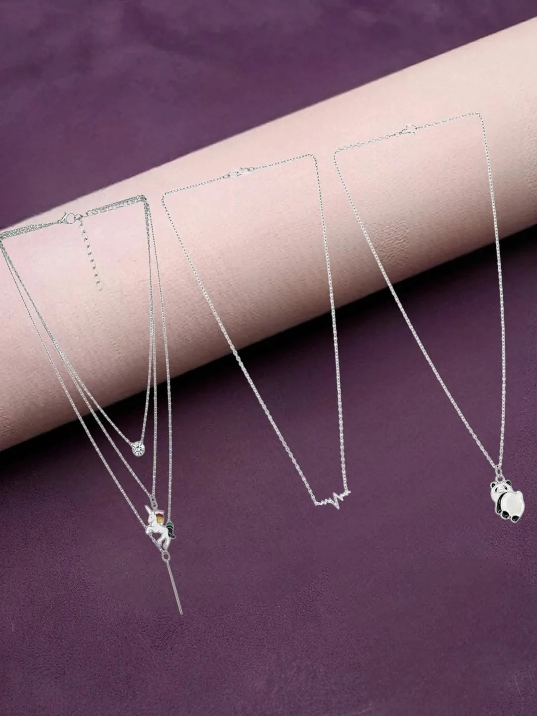 Unicorn, Heartbeat, Owl & Crystal Designs Elegant Silver Pendant Chain Combo for Women