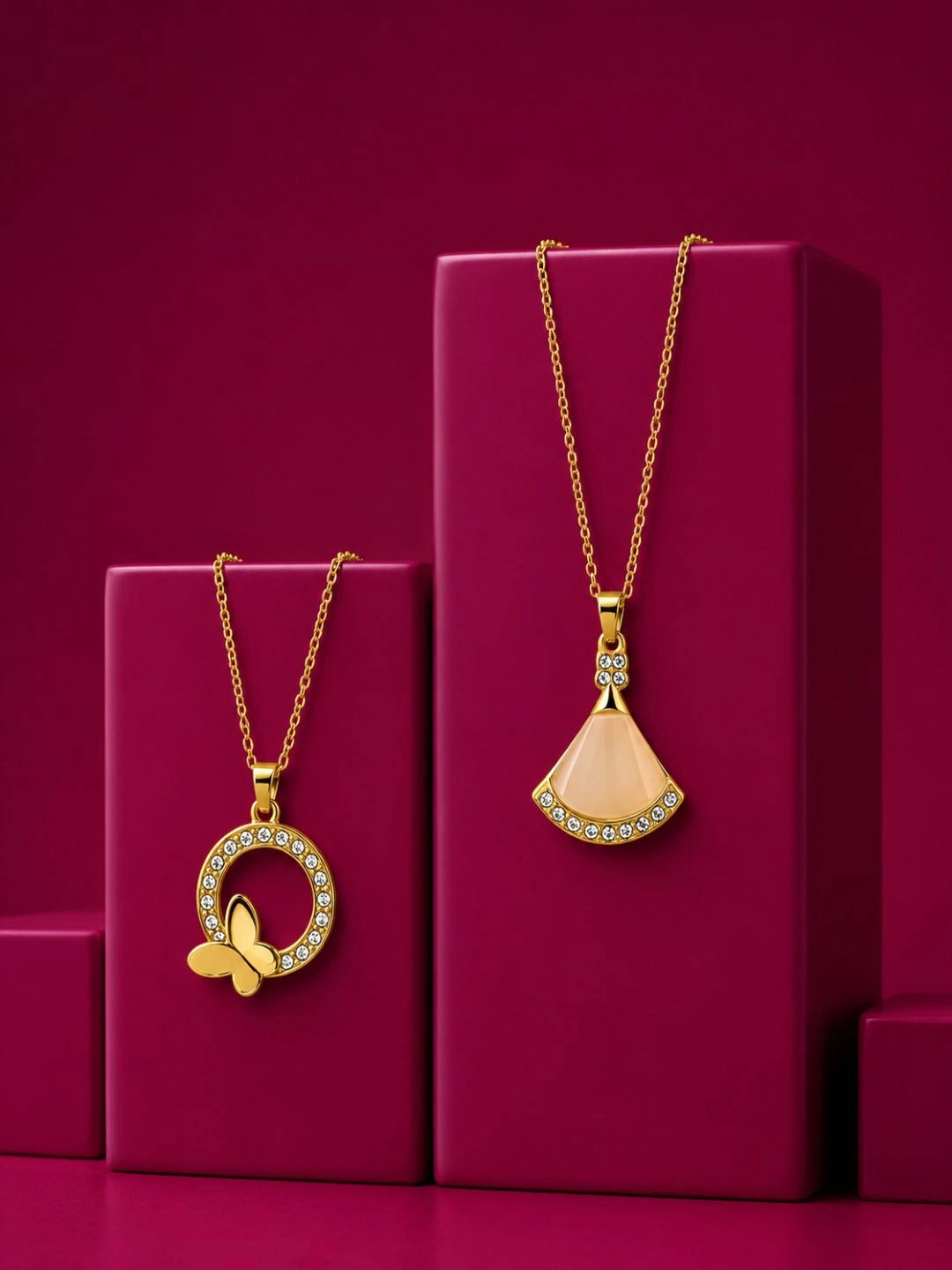Gold Plated Butterfly & Fan Shape Pendant Chain Combo