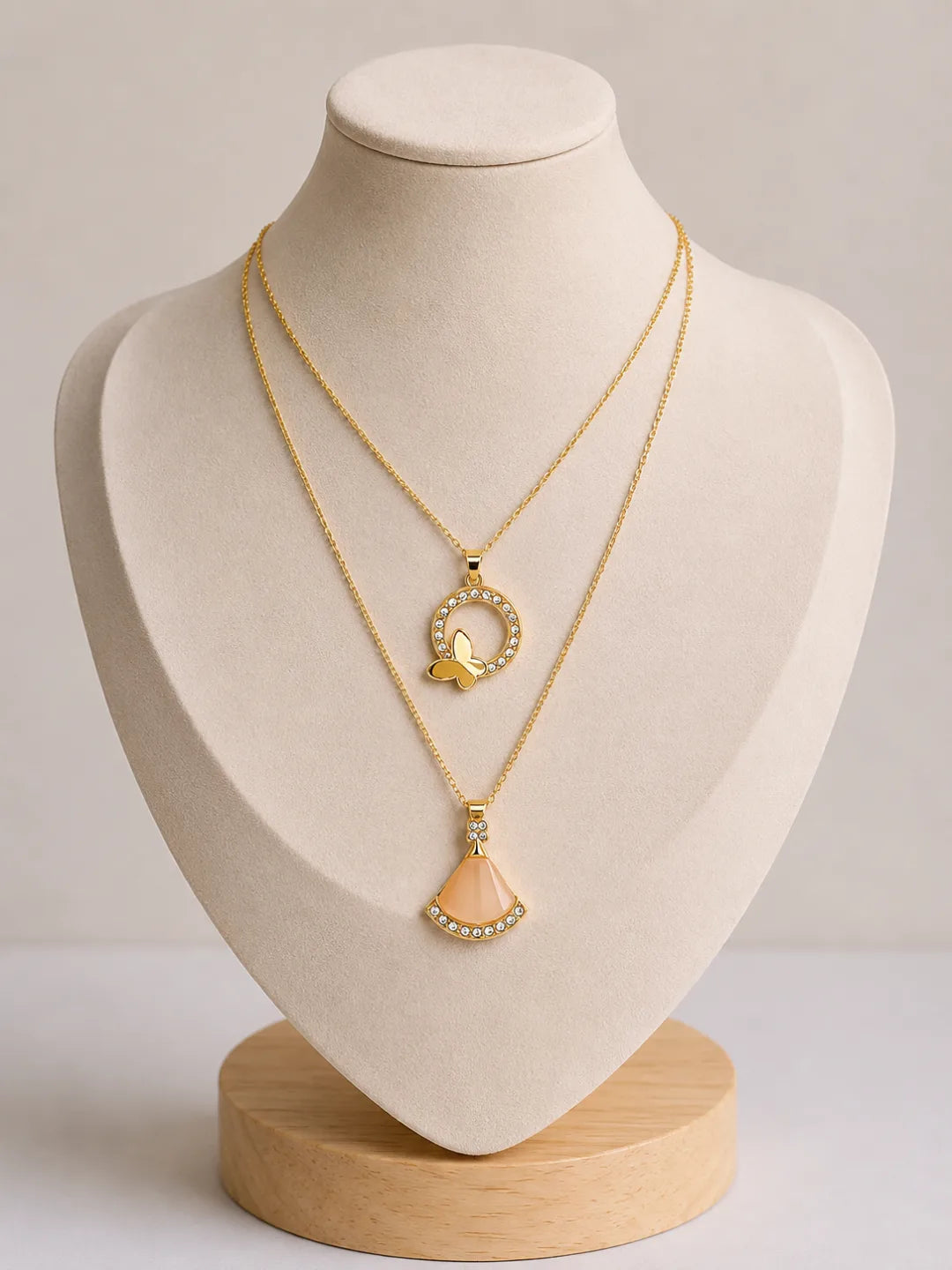 Gold Plated Butterfly & Fan Shape Pendant Chain Combo