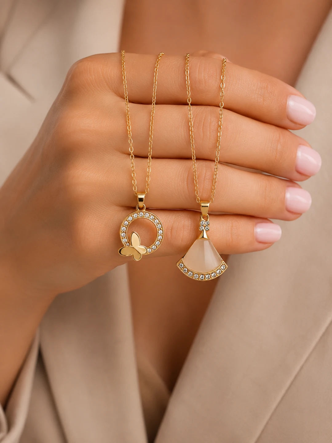 Gold Plated Butterfly & Fan Shape Pendant Chain Combo