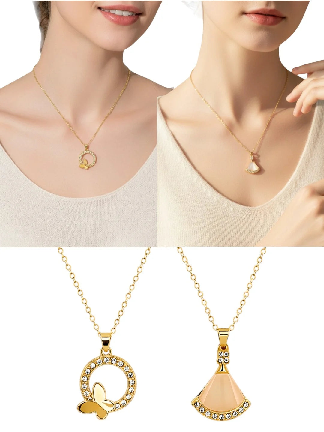 Gold Plated Butterfly & Fan Shape Pendant Chain Combo