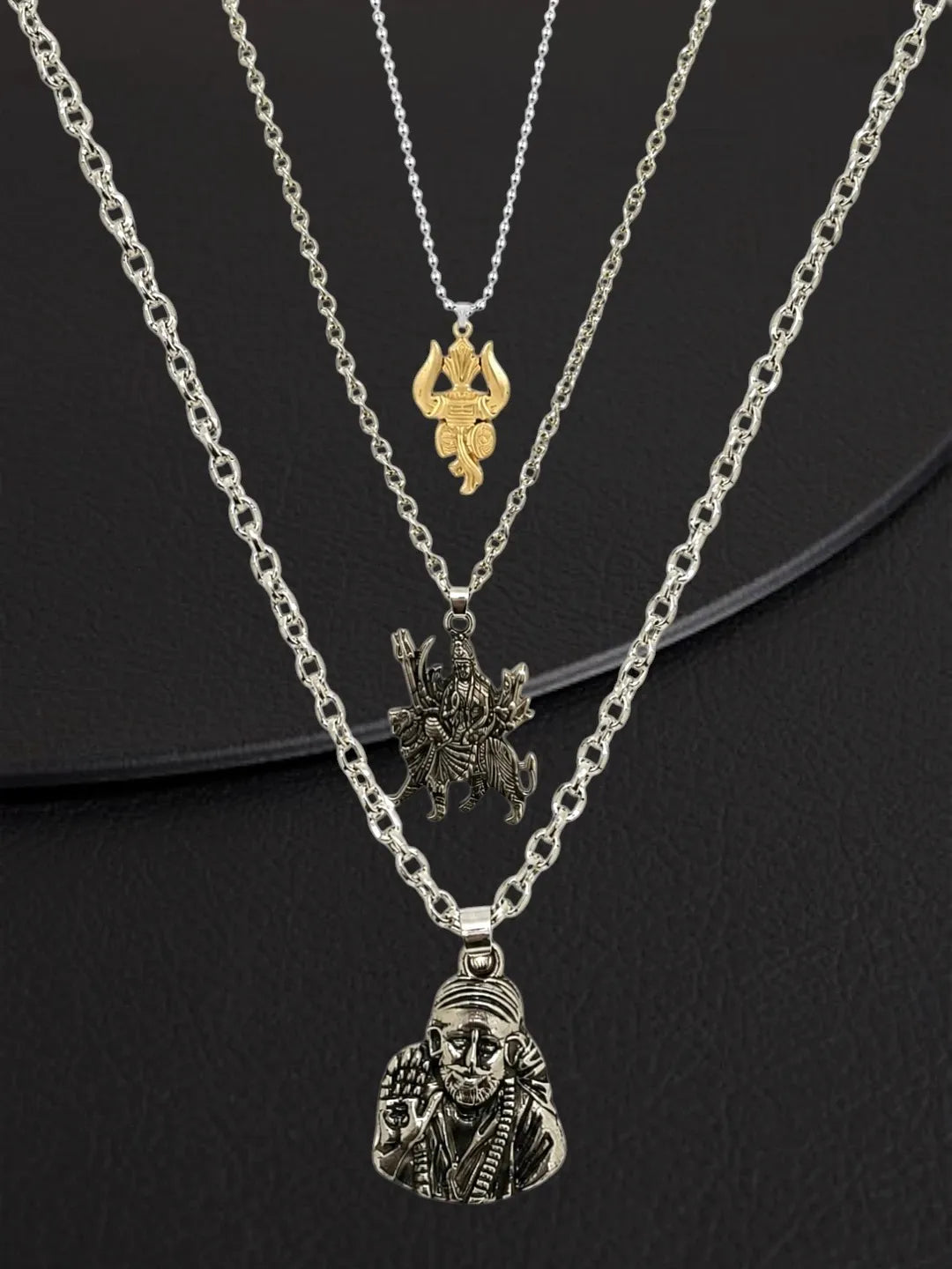 Silver Plated Temple Design Set Of 3 Mens Combo Chain
