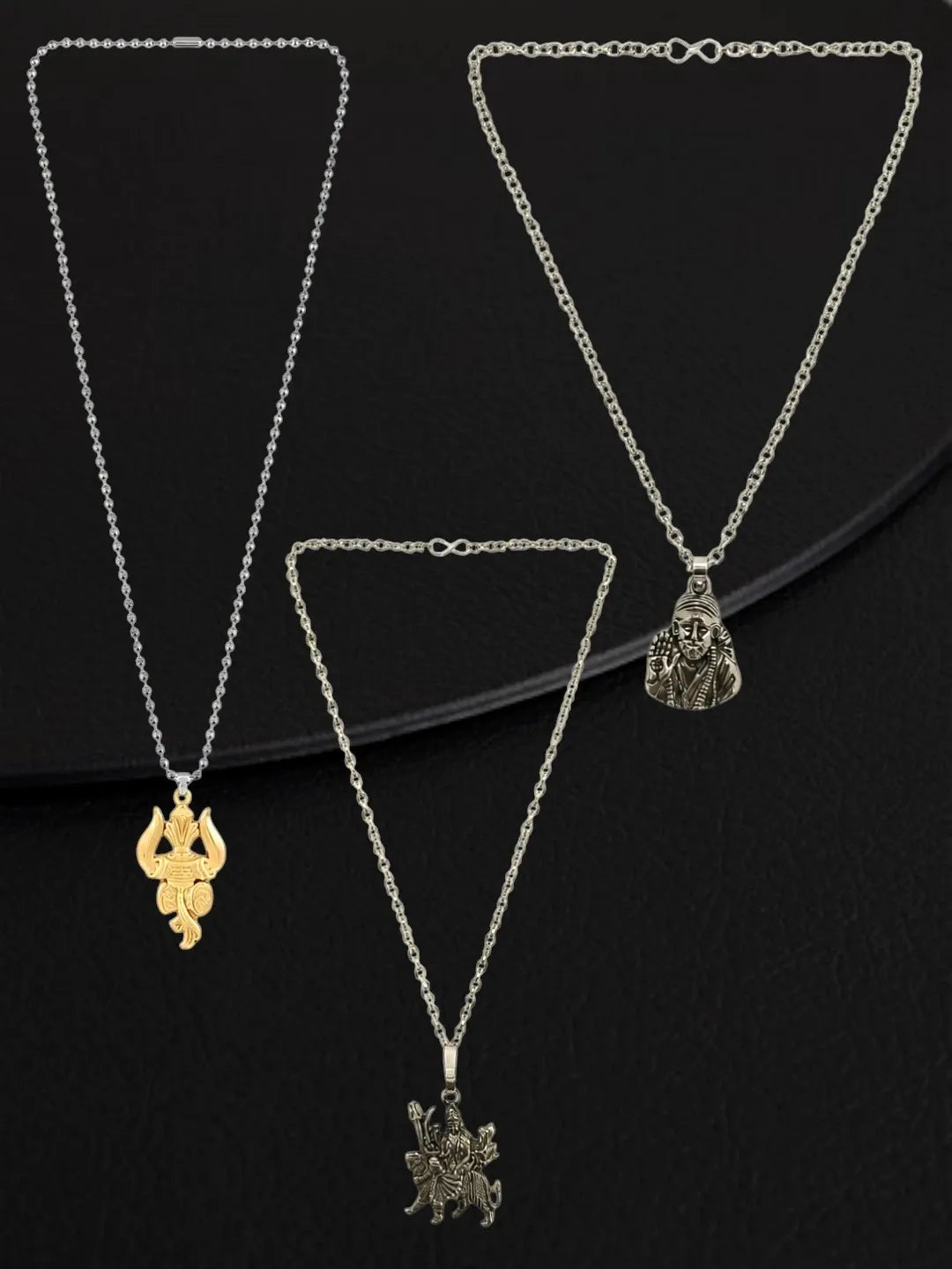 Silver Plated Temple Design Set Of 3 Mens Combo Chain