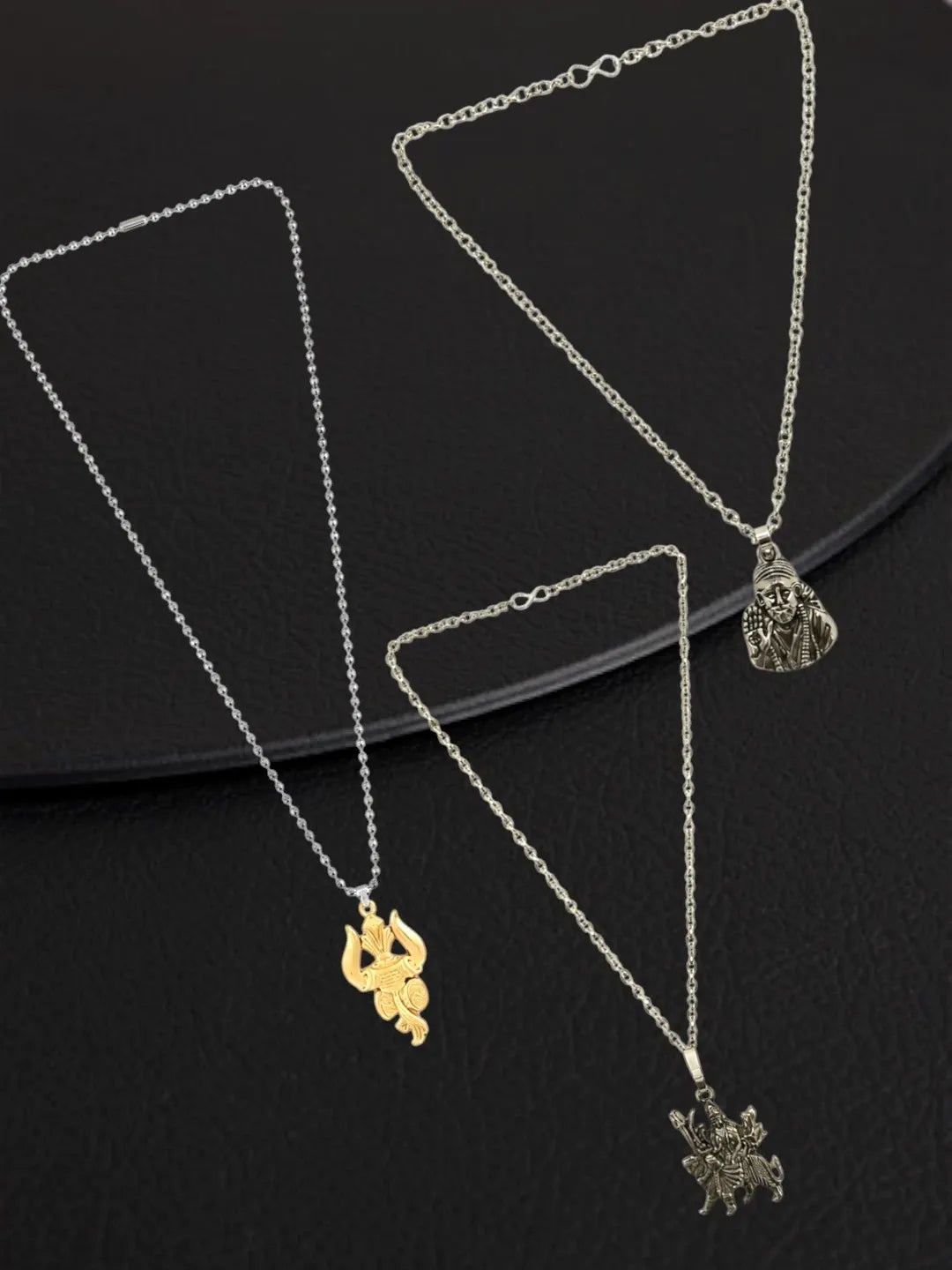 Silver Plated Temple Design Set Of 3 Mens Combo Chain