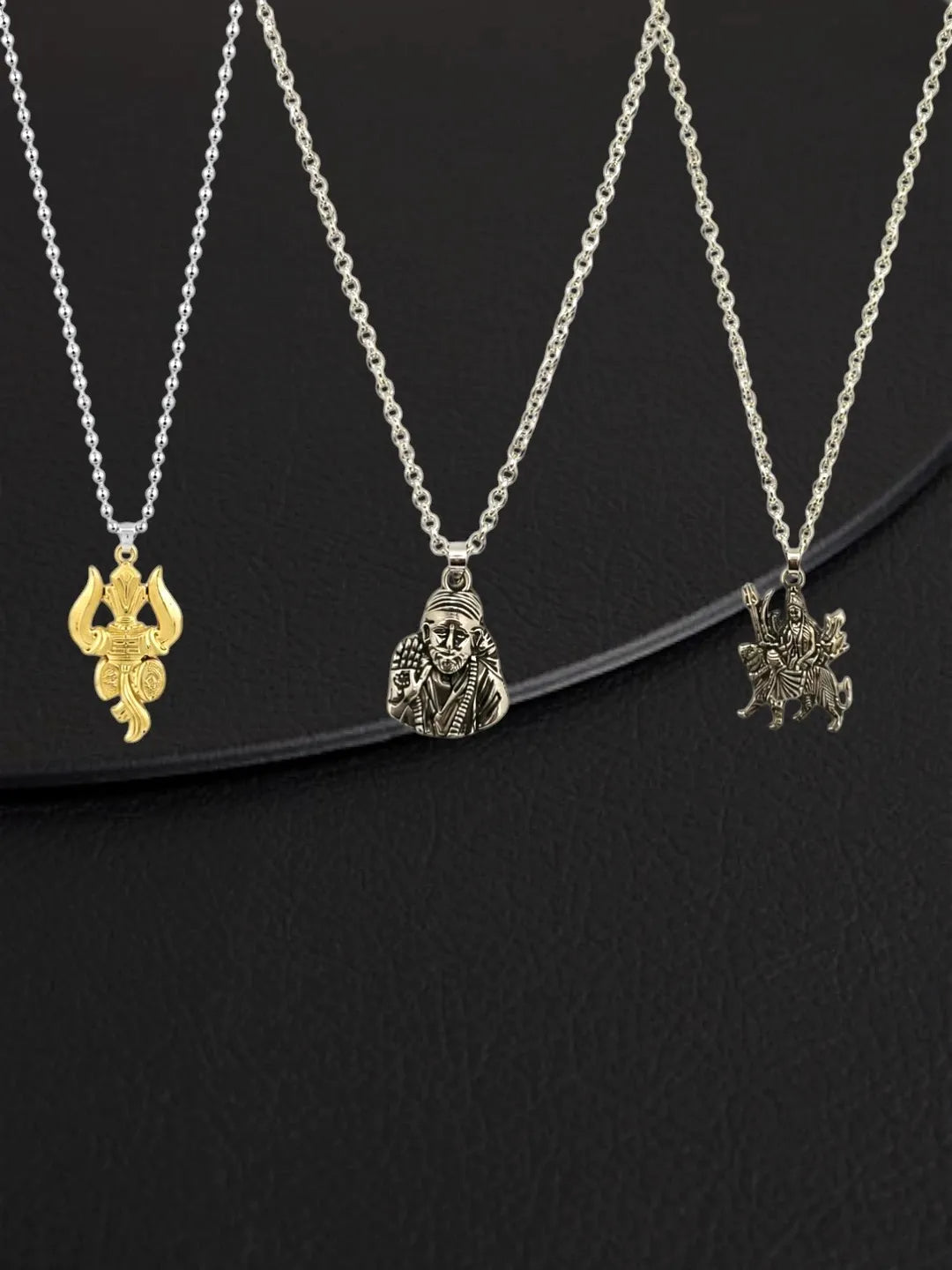 Silver Plated Temple Design Set Of 3 Mens Combo Chain