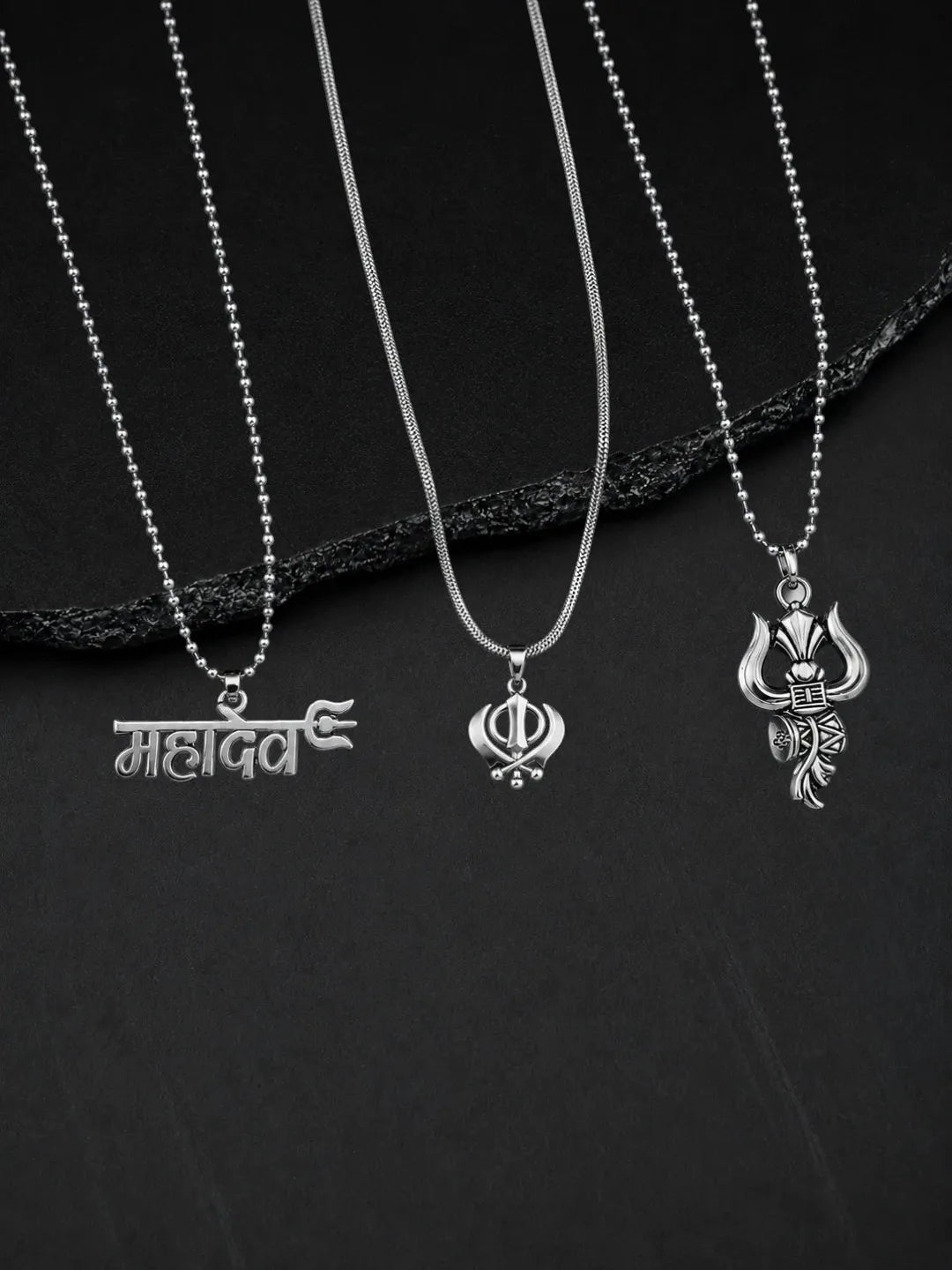 Silver Plated Temple Designs Set Of 3 Men Combo Chain