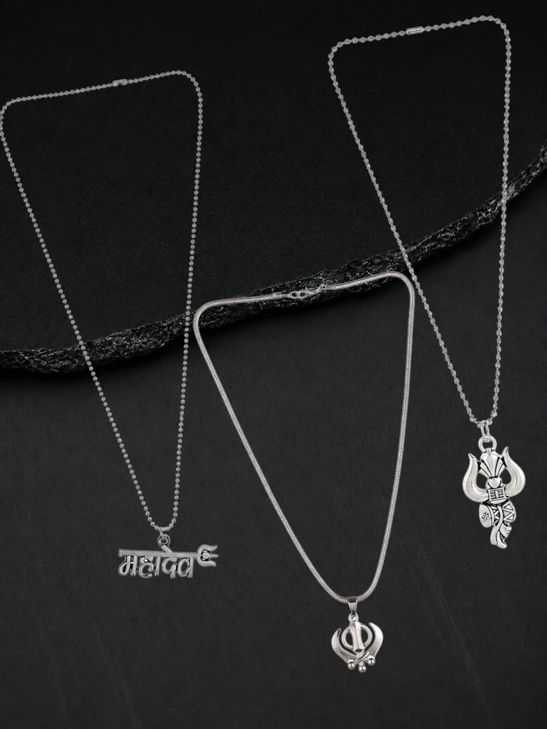 Silver Plated Temple Designs Set Of 3 Men Combo Chain
