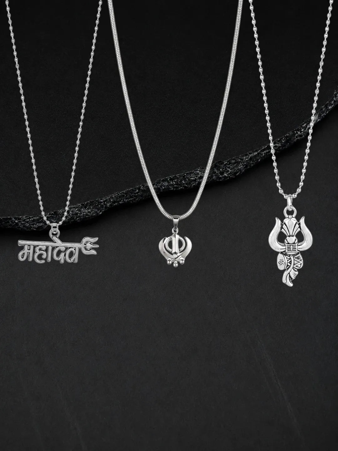 Silver Plated Temple Designs Set Of 3 Men Combo Chain