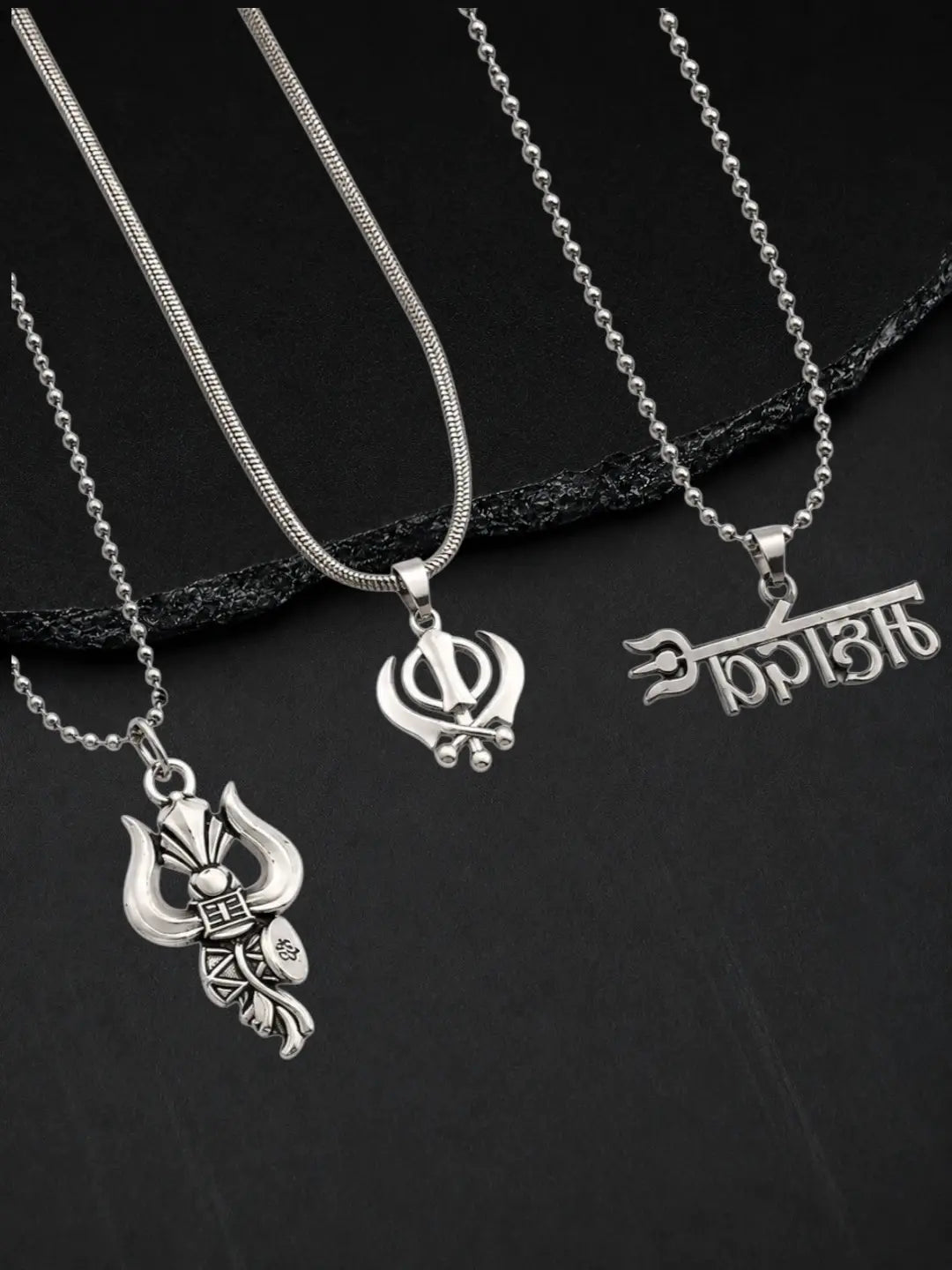 Silver Plated Temple Designs Set Of 3 Men Combo Chain