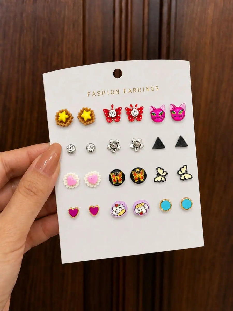 Set of 12 Fashion Stud Earrings For Women and Girls