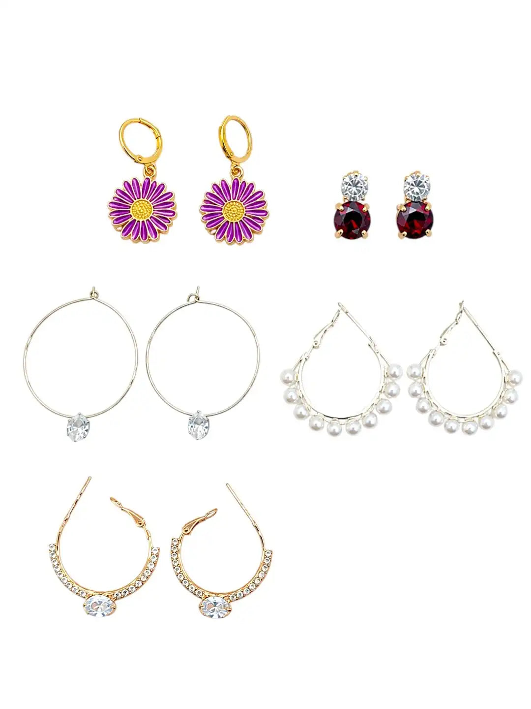 Set of 5 Hoops and Studs Combo Earrings For Women and Girls