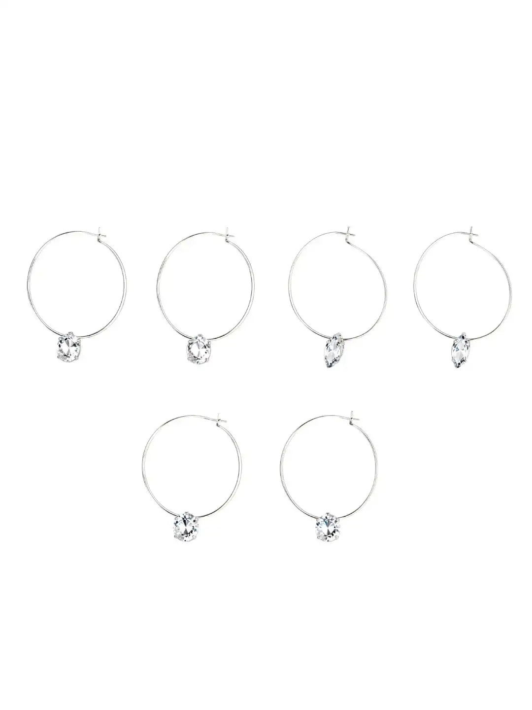 Set of 3 Silver Hoop & Crystal Charm Earrings For Women and Girls