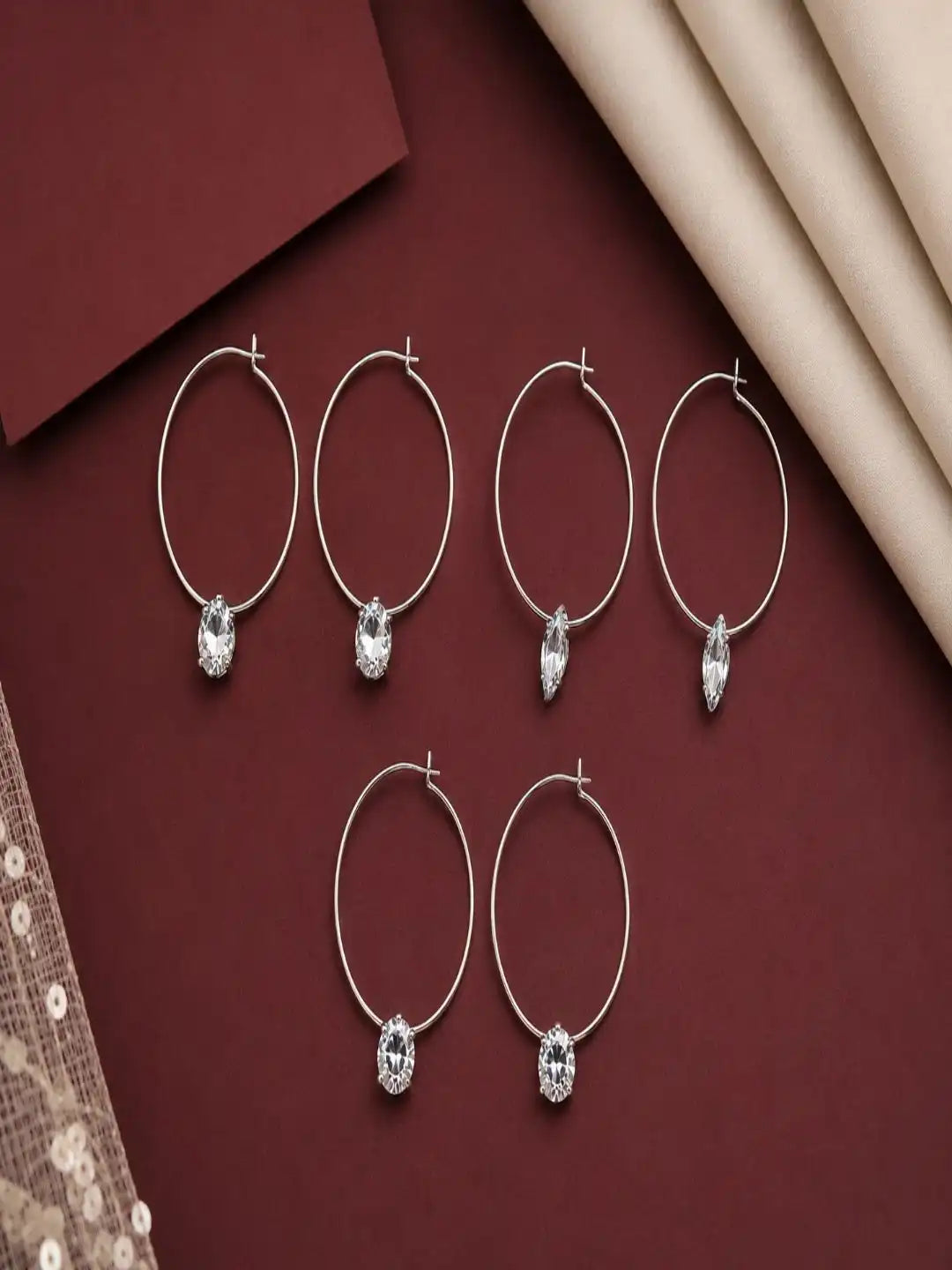 Set of 3 Silver Hoop & Crystal Charm Earrings For Women and Girls