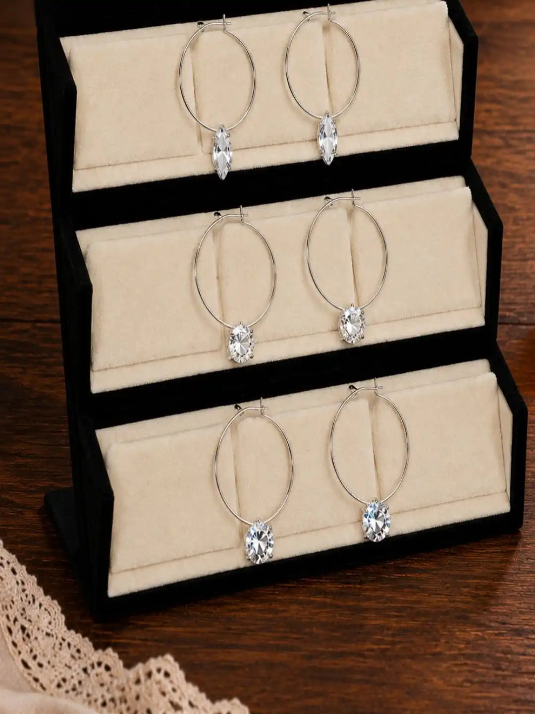 Set of 3 Silver Hoop & Crystal Charm Earrings For Women and Girls