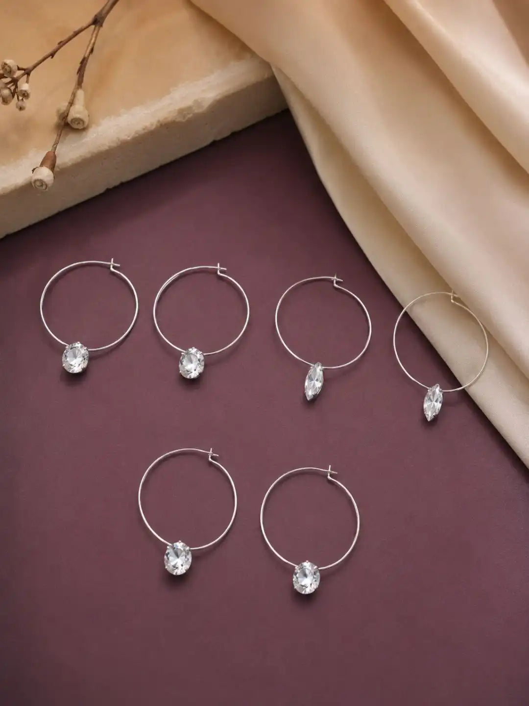 Set of 3 Silver Hoop & Crystal Charm Earrings For Women and Girls