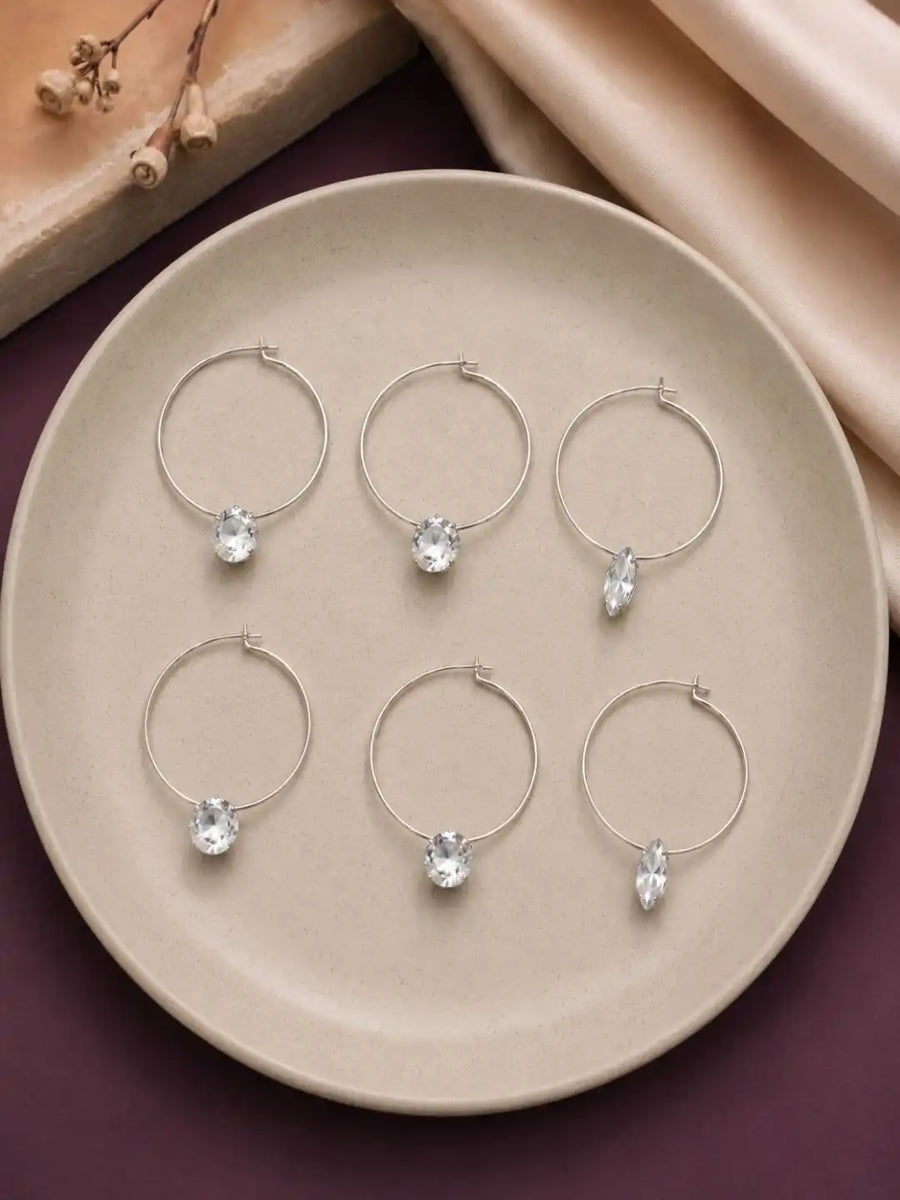 Set of 3 Silver Hoop & Crystal Charm Earrings For Women and Girls