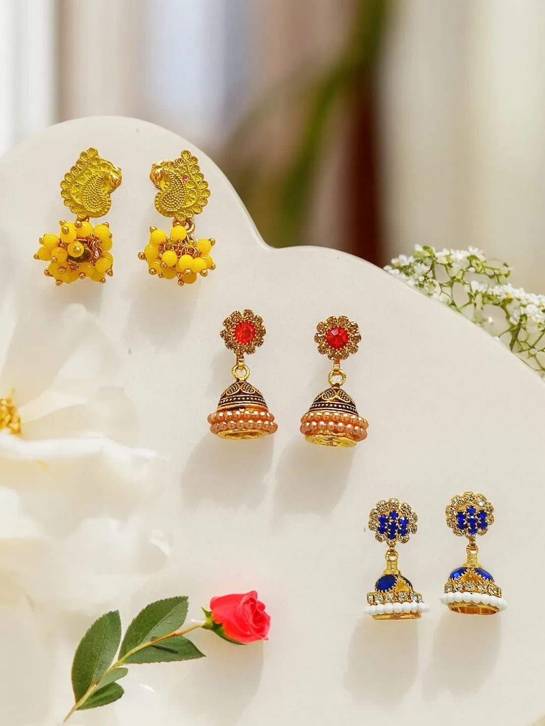 Gold Plated Multi-Colors of Jhumki Set of 3