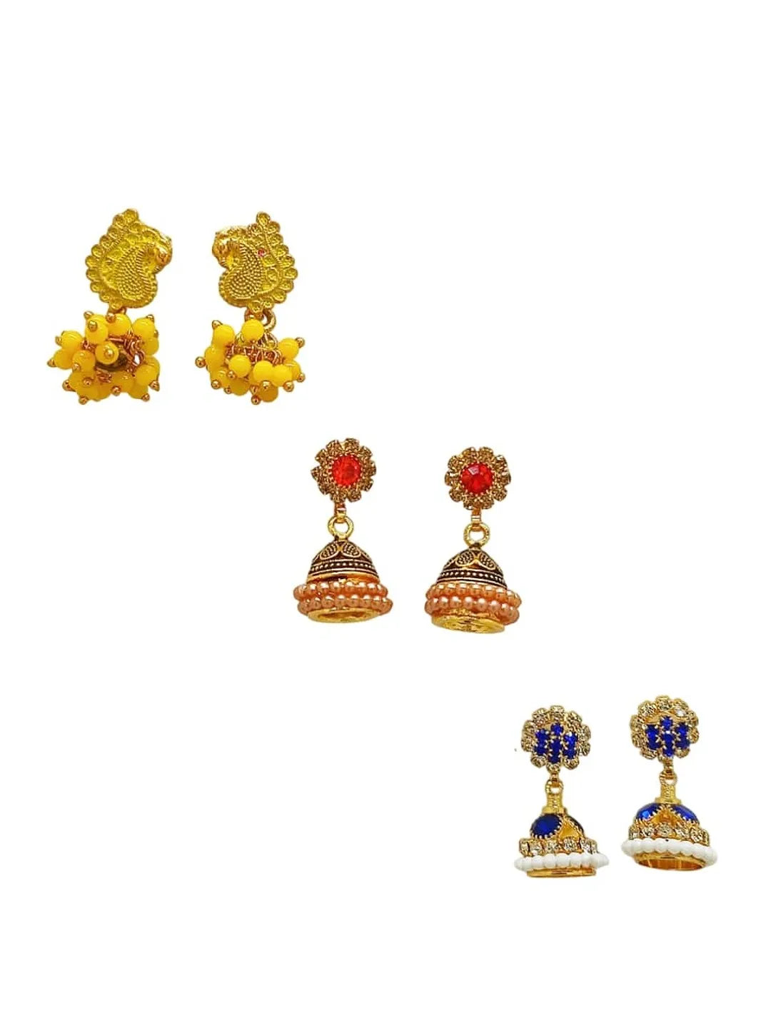 Gold Plated Multi-Colors of Jhumki Set of 3
