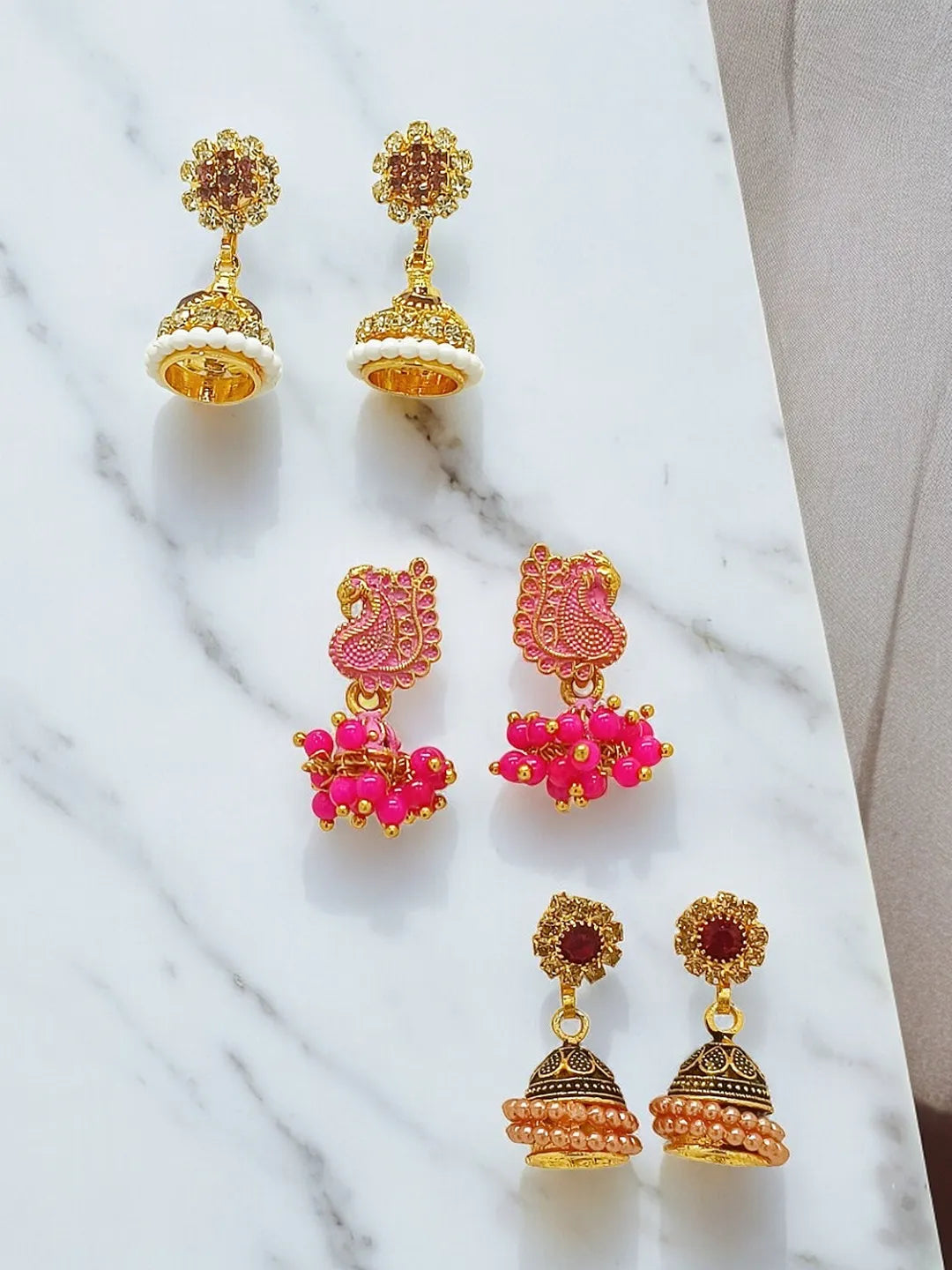 Set of 3 Color Dome Shaped Jhumkas Earrings