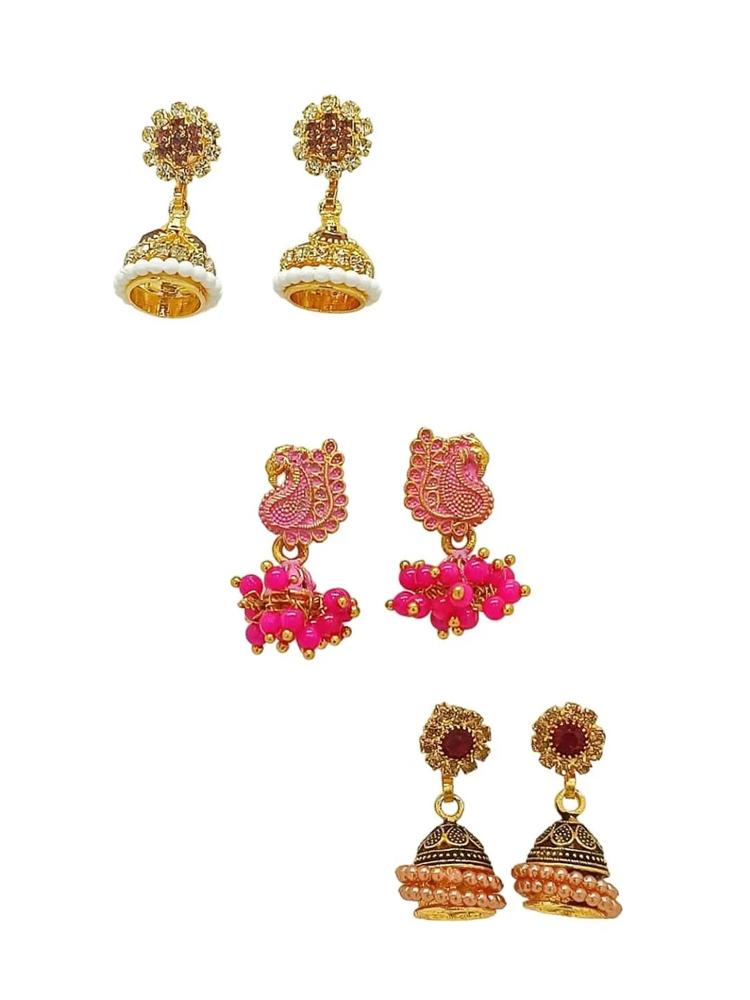 Set of 3 Color Dome Shaped Jhumkas Earrings